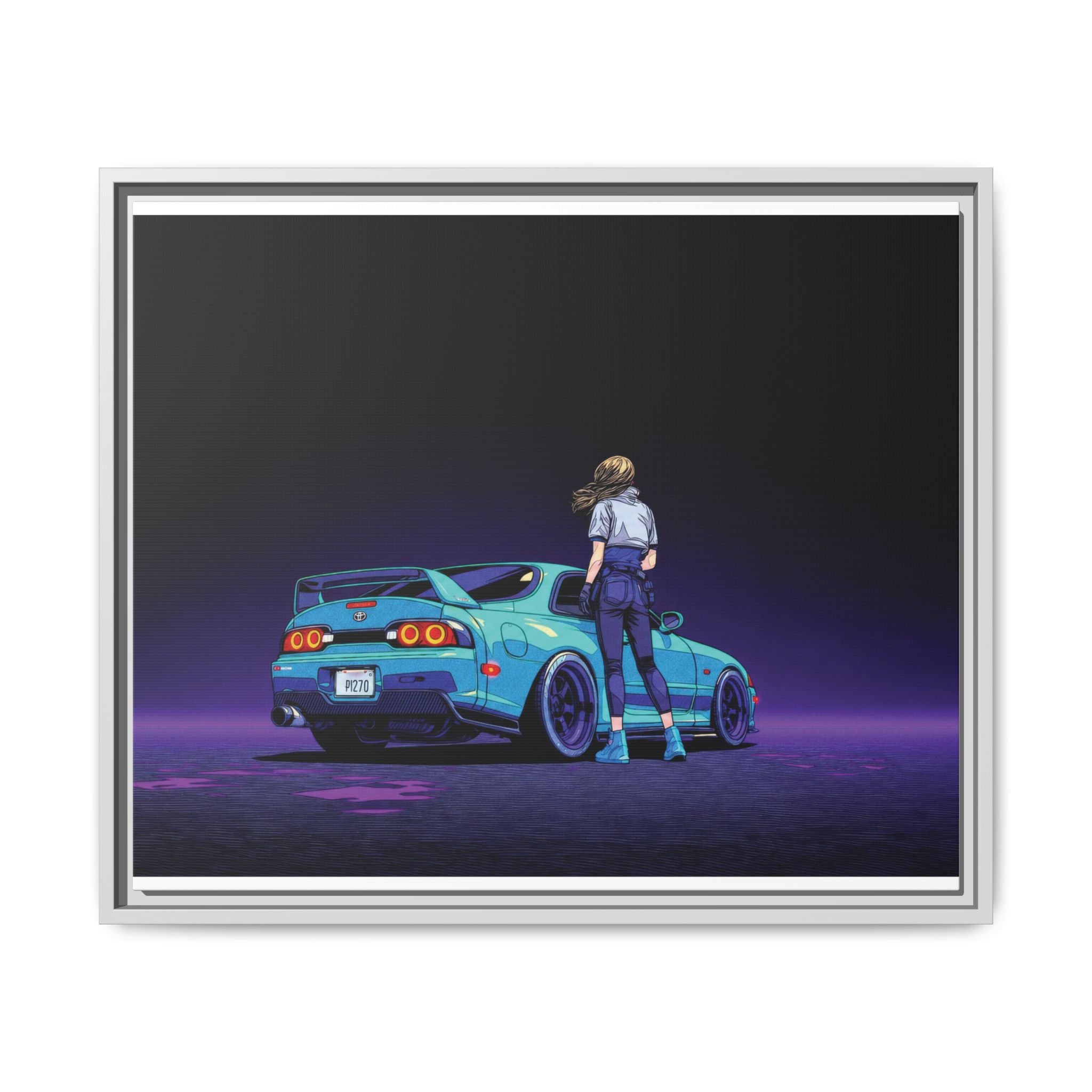 Retro Neon Race Car Poster Matte Canvas Framed | Anime Driver Wall Art