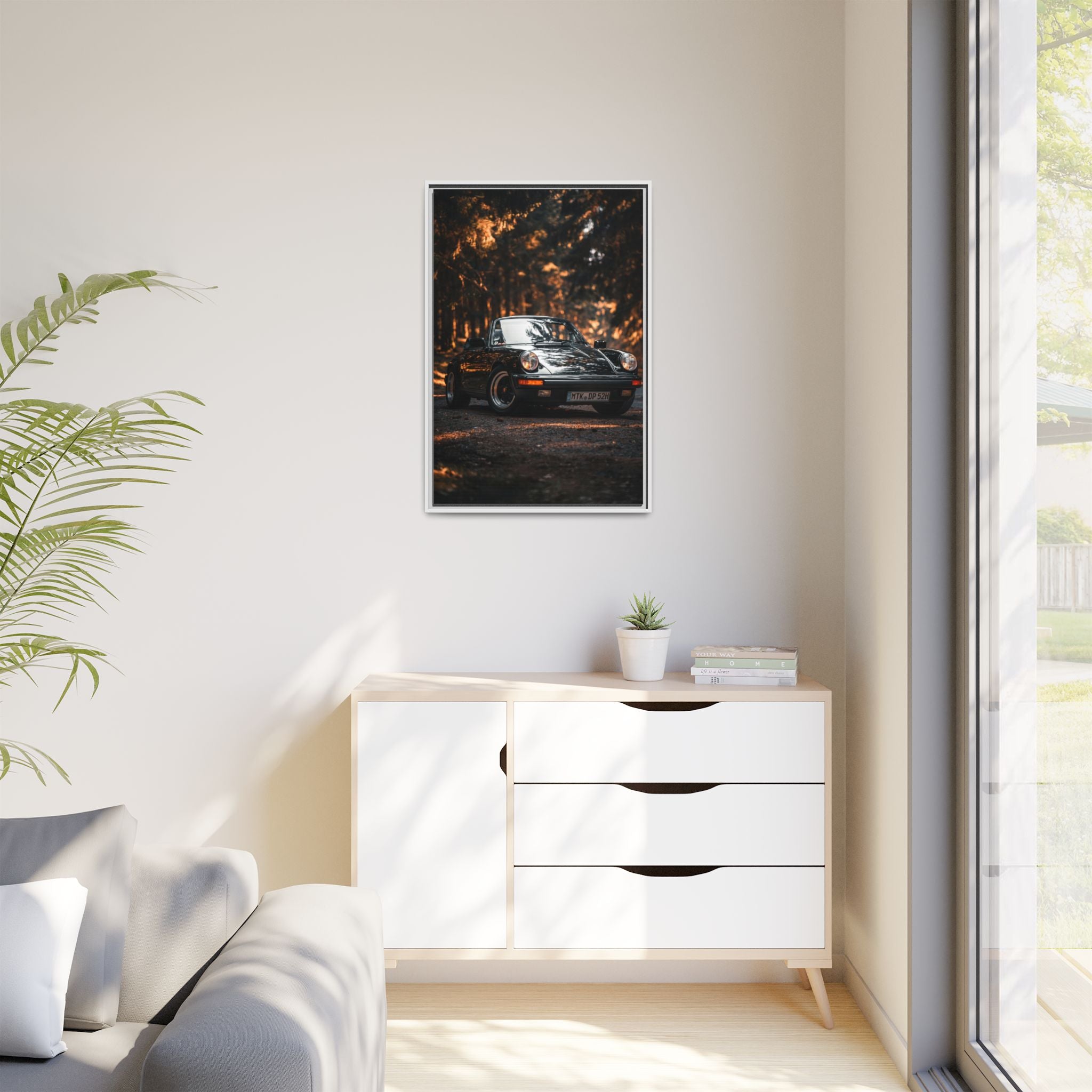 Framed Matte Canvas Print — Vintage Black Porsche in Autumn Forest