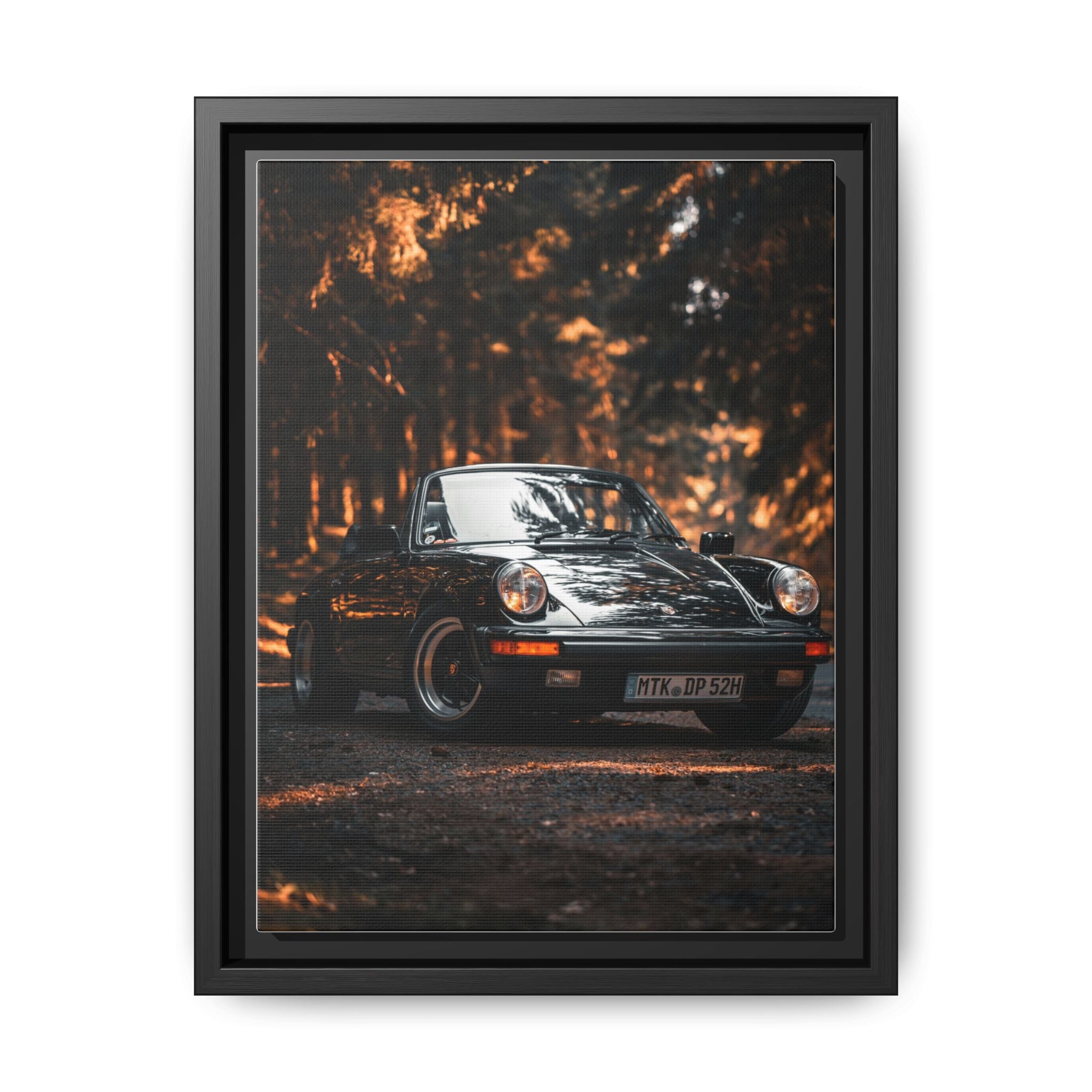Framed Matte Canvas Print — Vintage Black Porsche in Autumn Forest