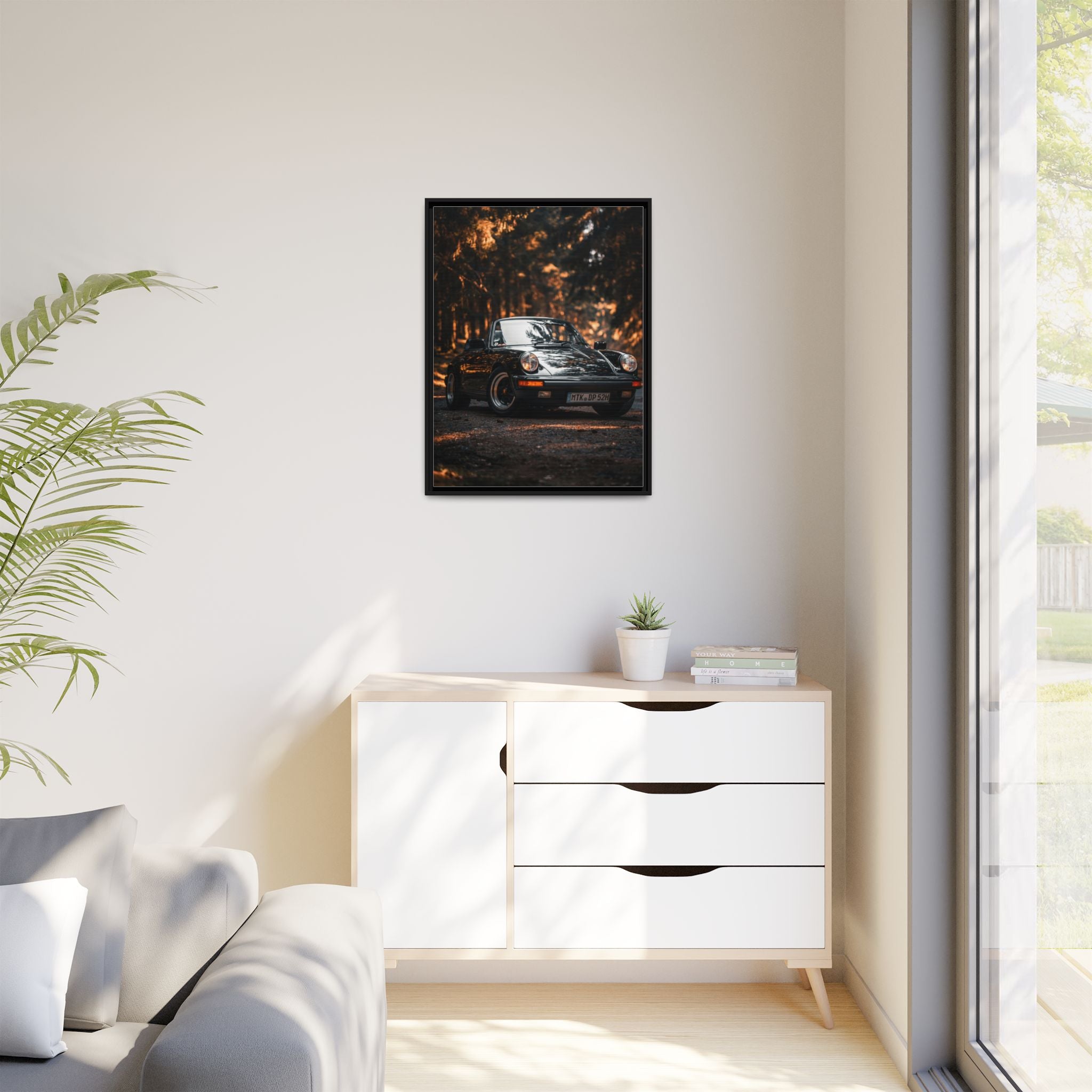 Framed Matte Canvas Print — Vintage Black Porsche in Autumn Forest