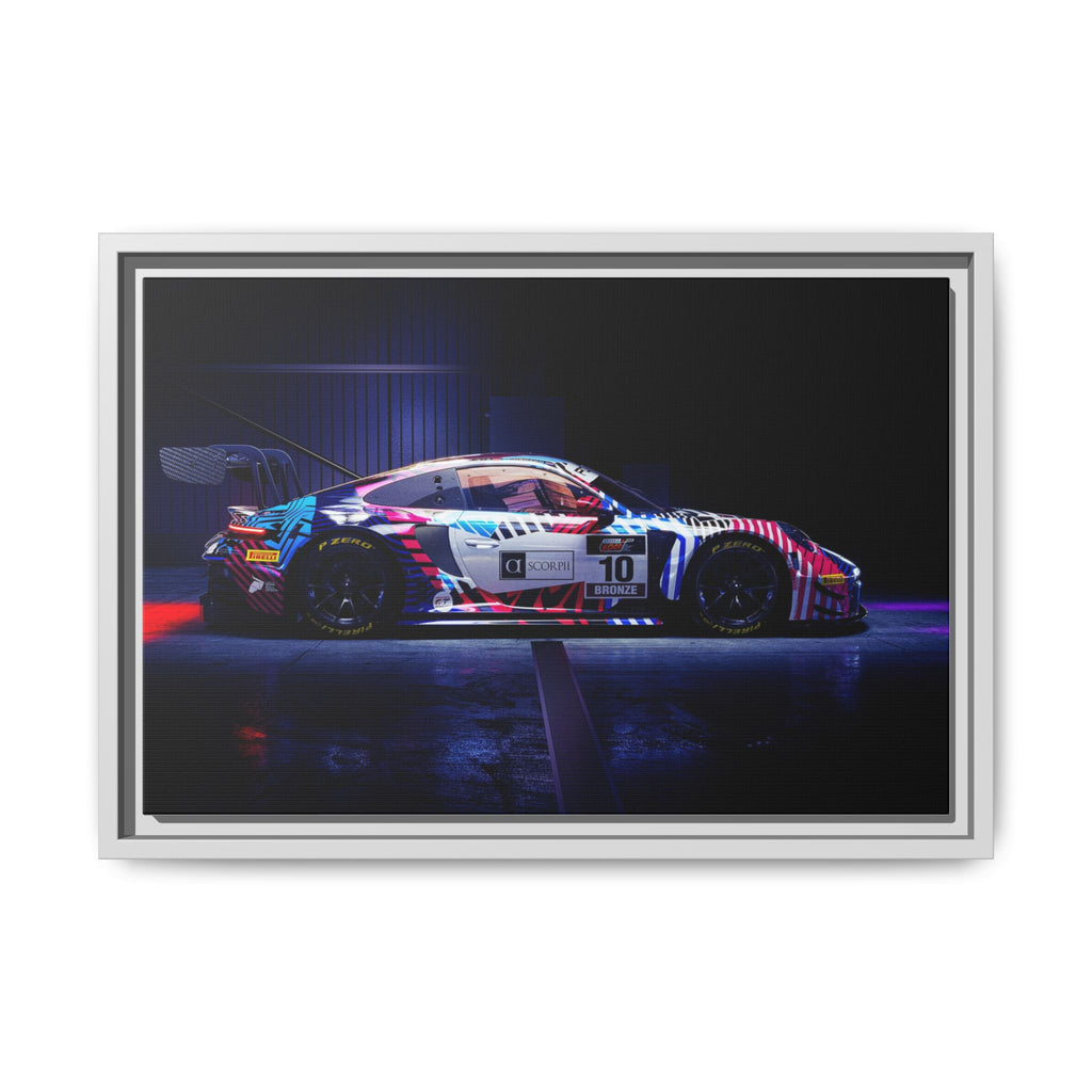 Framed Matte Canvas Print — Neon Racecar Wall Art