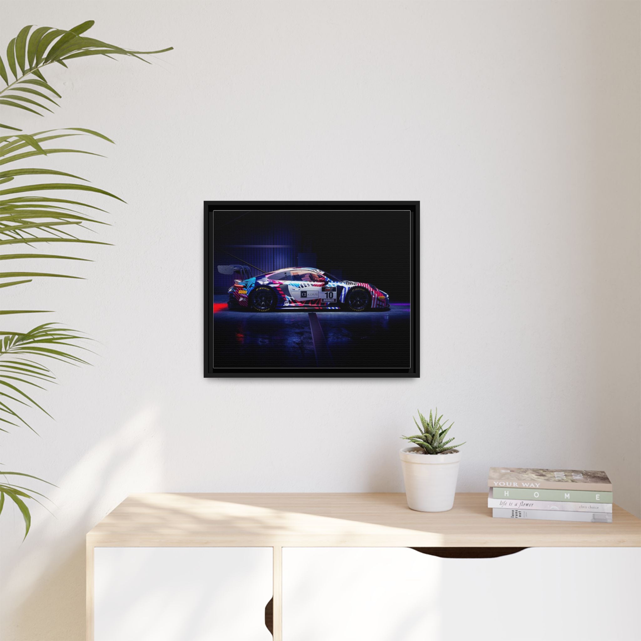 Framed Matte Canvas Print — Neon Racecar Wall Art