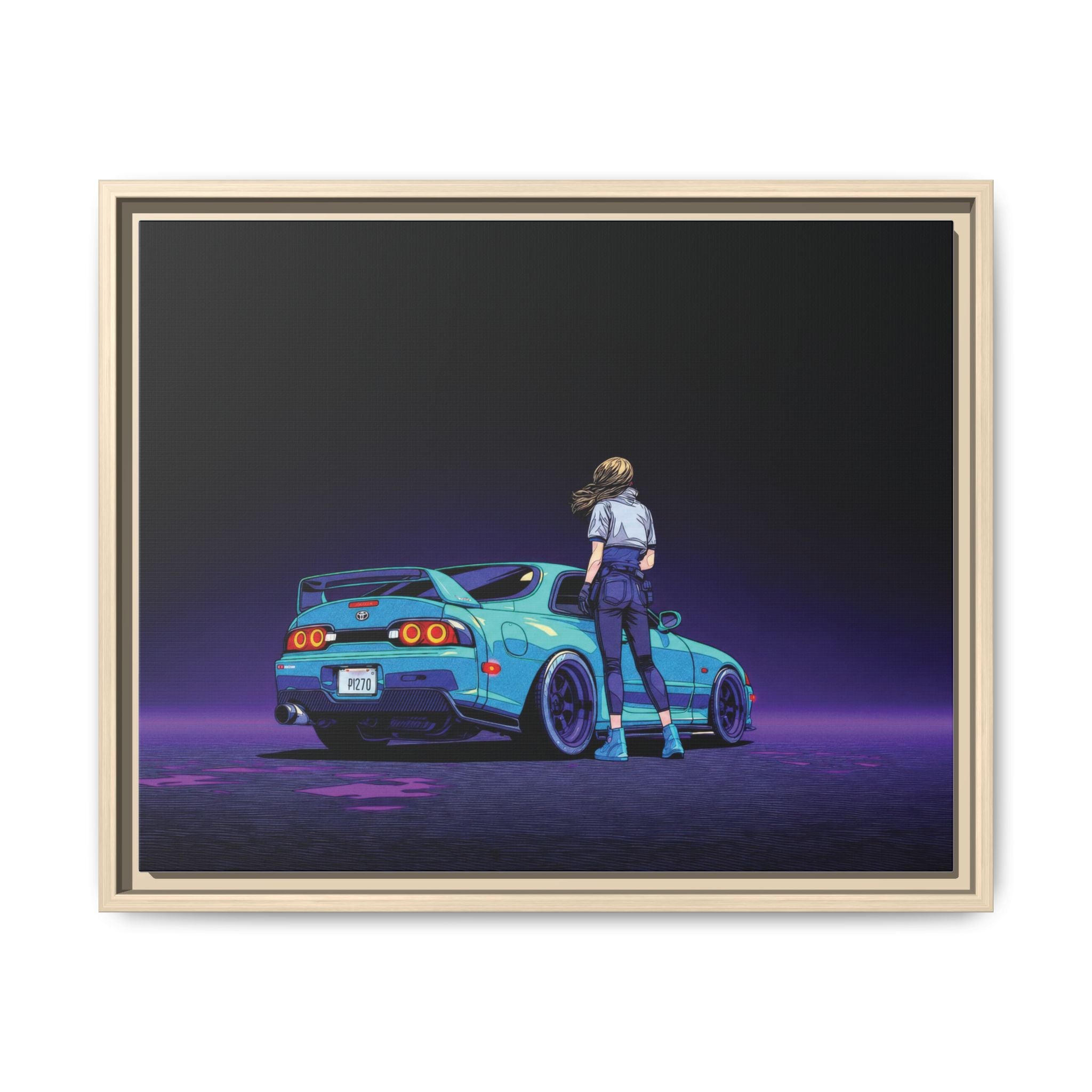 Retro Neon Race Car Poster Matte Canvas Framed | Anime Driver Wall Art