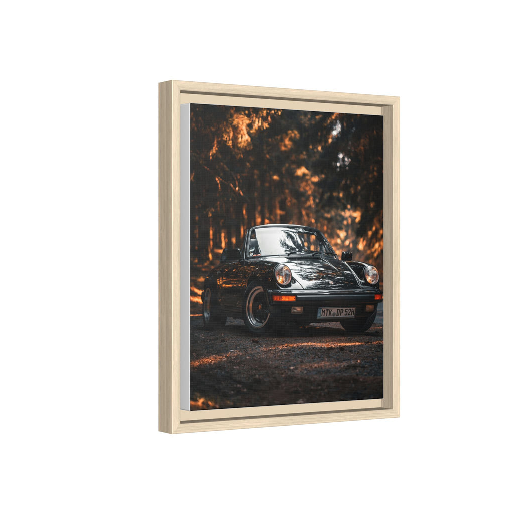Framed Matte Canvas Print — Vintage Black Porsche in Autumn Forest