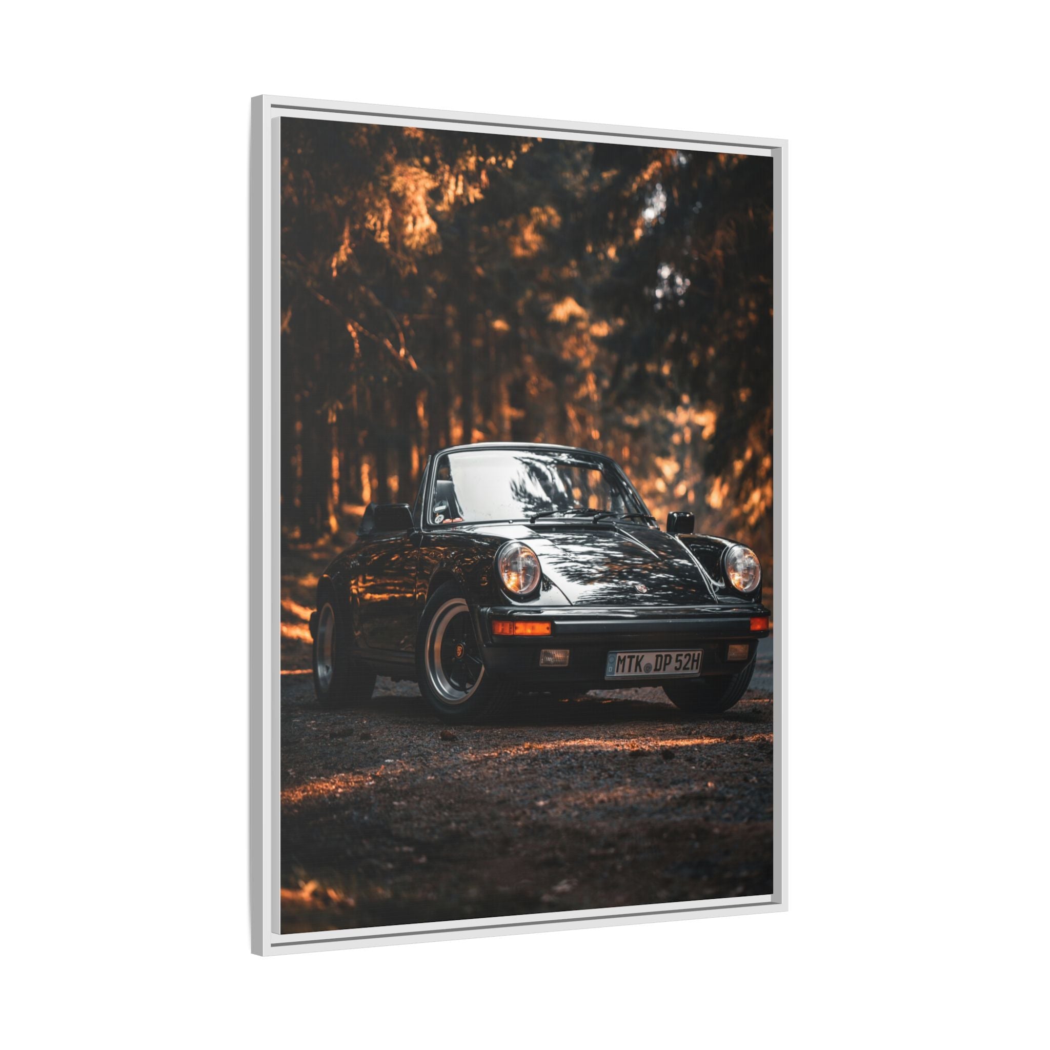 Framed Matte Canvas Print — Vintage Black Porsche in Autumn Forest