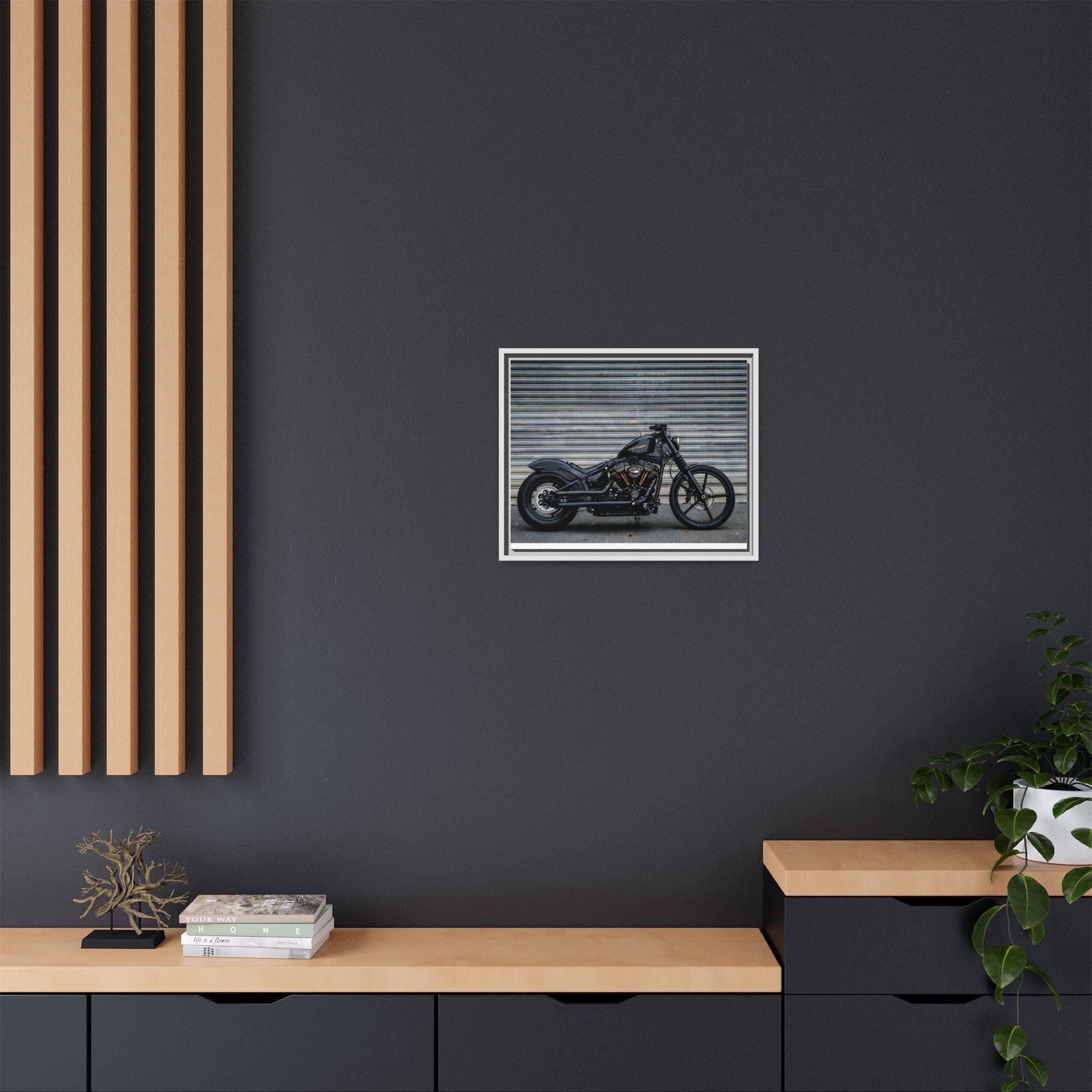 Framed Matte Canvas Motorcycle Print — Black Bobber Wall Art