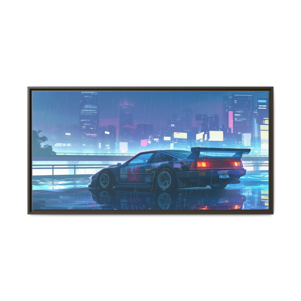 Retro Neon City Car Matte Canvas Print — Framed Wall Art