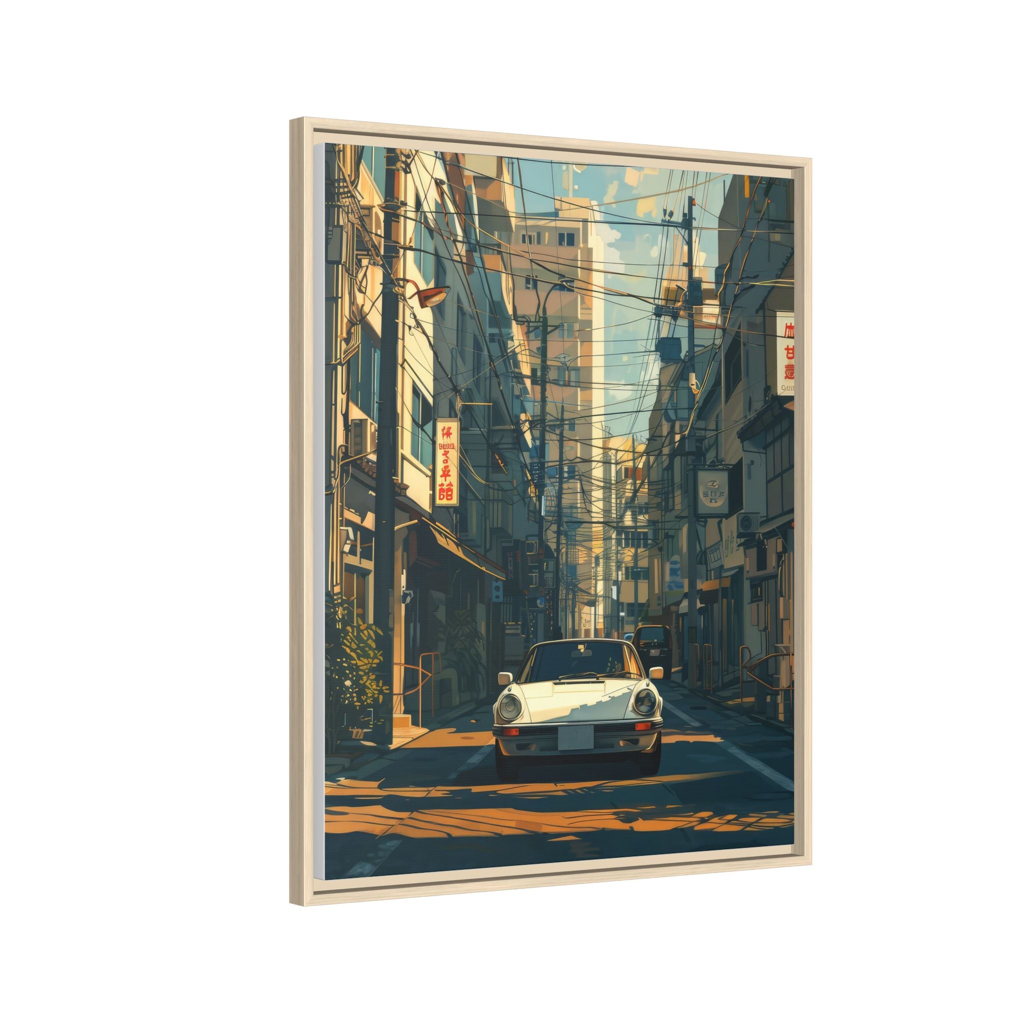 Vintage Sports Car Cityscape Framed Canvas Print