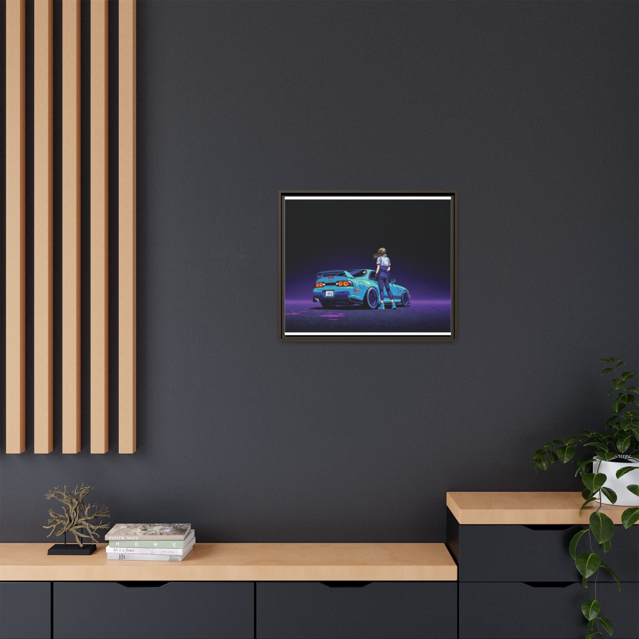 Retro Neon Race Car Poster Matte Canvas Framed | Anime Driver Wall Art