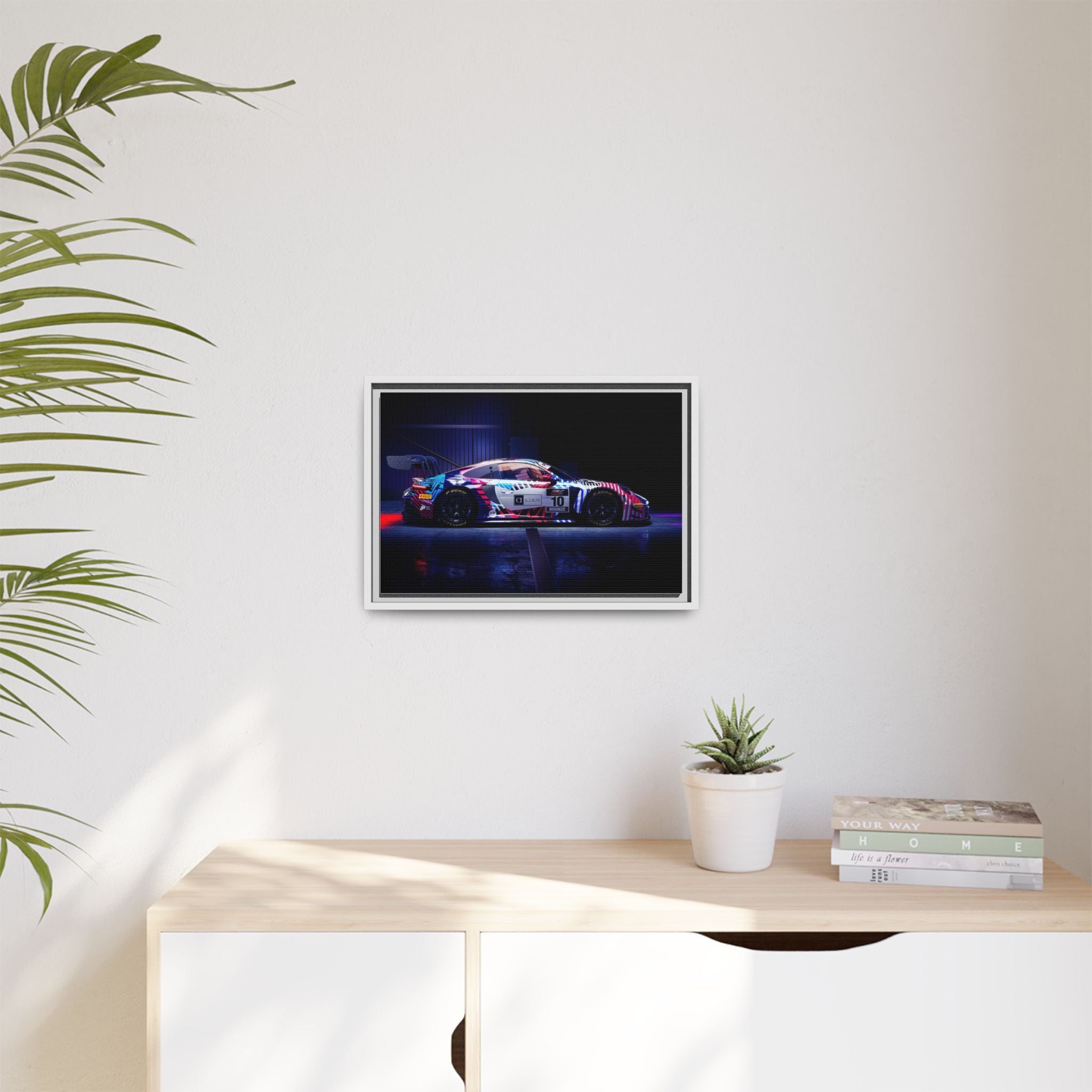 Framed Matte Canvas Print — Neon Racecar Wall Art