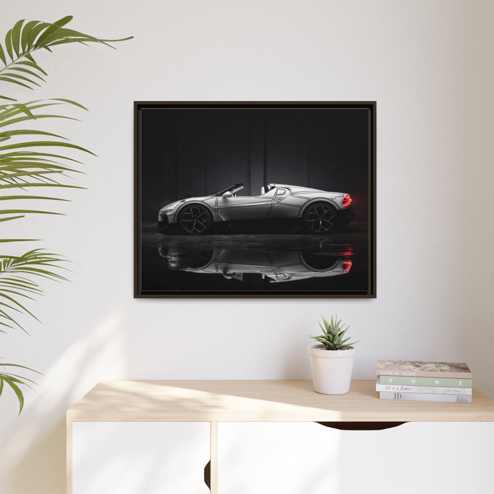 Framed Matte Canvas: Sleek Sports Car Reflection Wall Art
