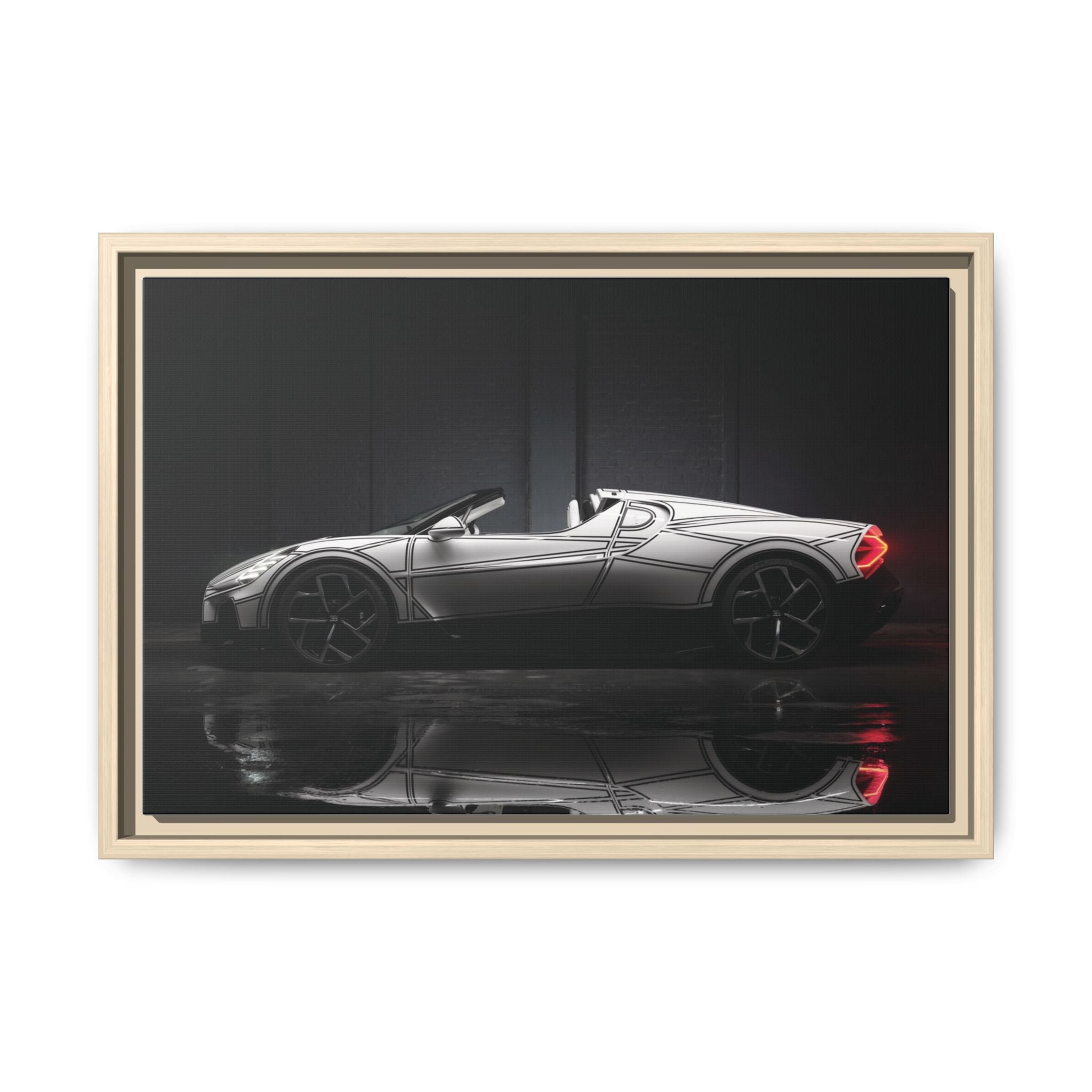 Framed Matte Canvas: Sleek Sports Car Reflection Wall Art