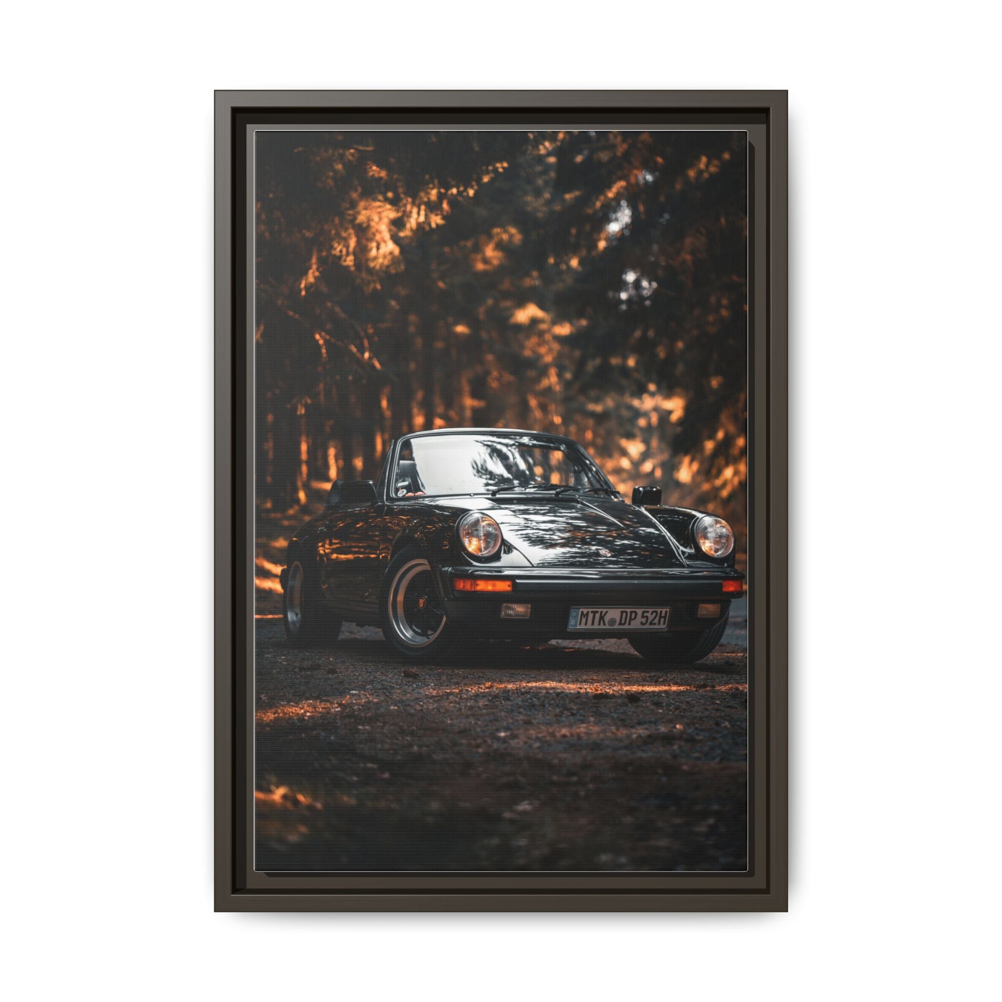 Framed Matte Canvas Print — Vintage Black Porsche in Autumn Forest