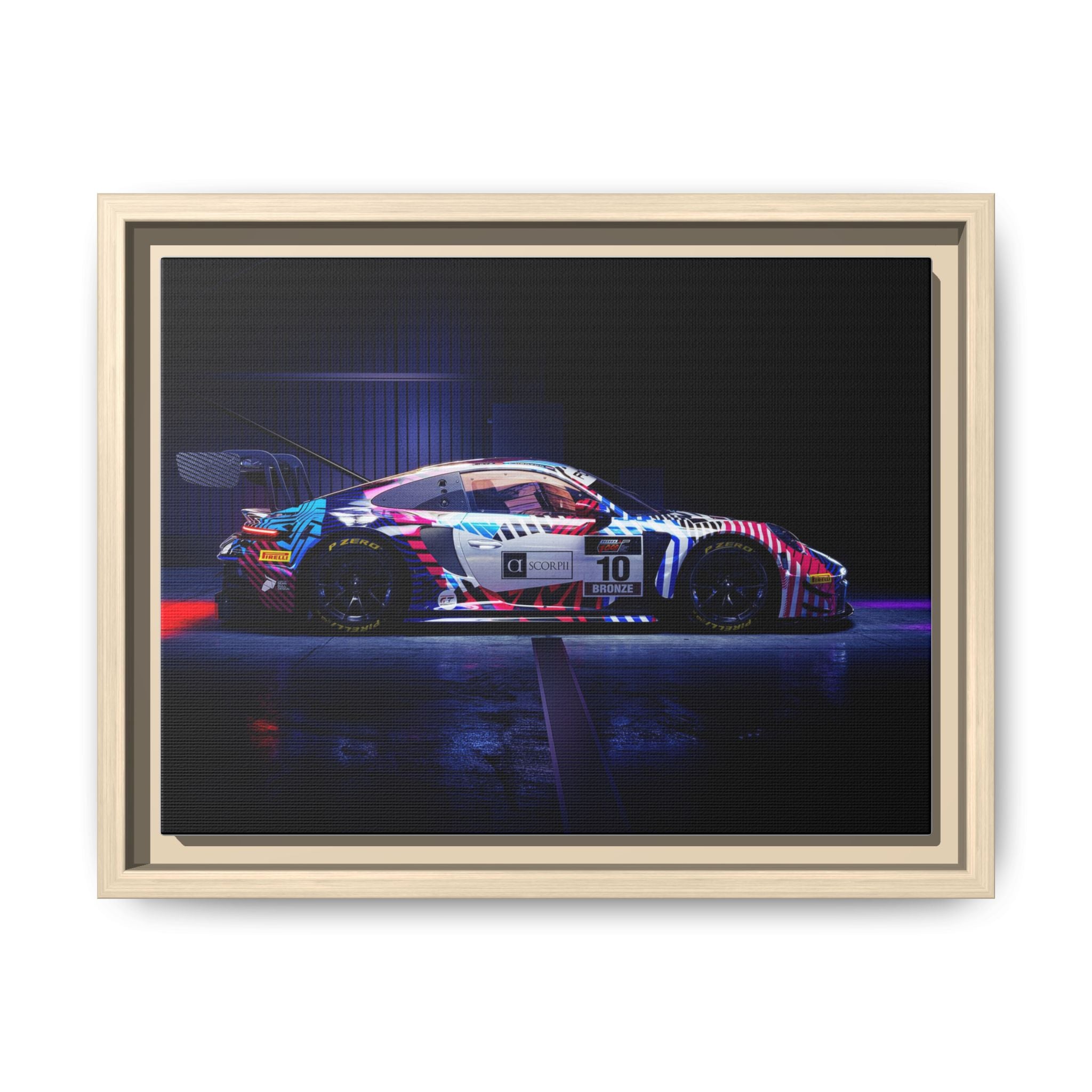 Framed Matte Canvas Print — Neon Racecar Wall Art