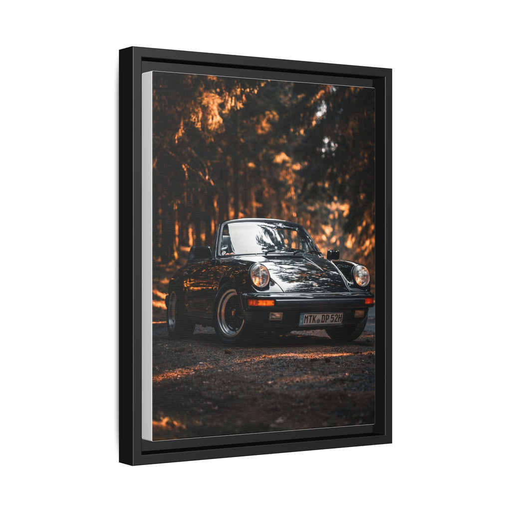 Framed Matte Canvas Print — Vintage Black Porsche in Autumn Forest