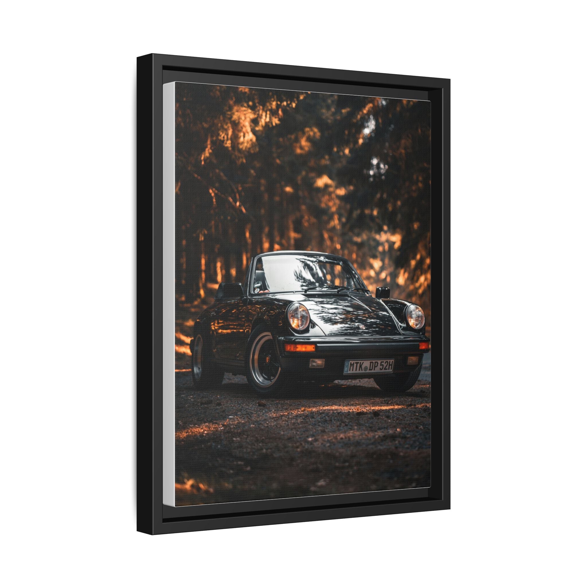 Framed Matte Canvas Print — Vintage Black Porsche in Autumn Forest