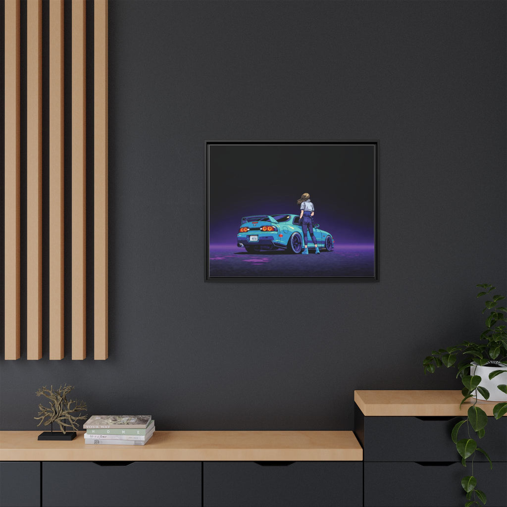 Retro Neon Race Car Poster Matte Canvas Framed | Anime Driver Wall Art