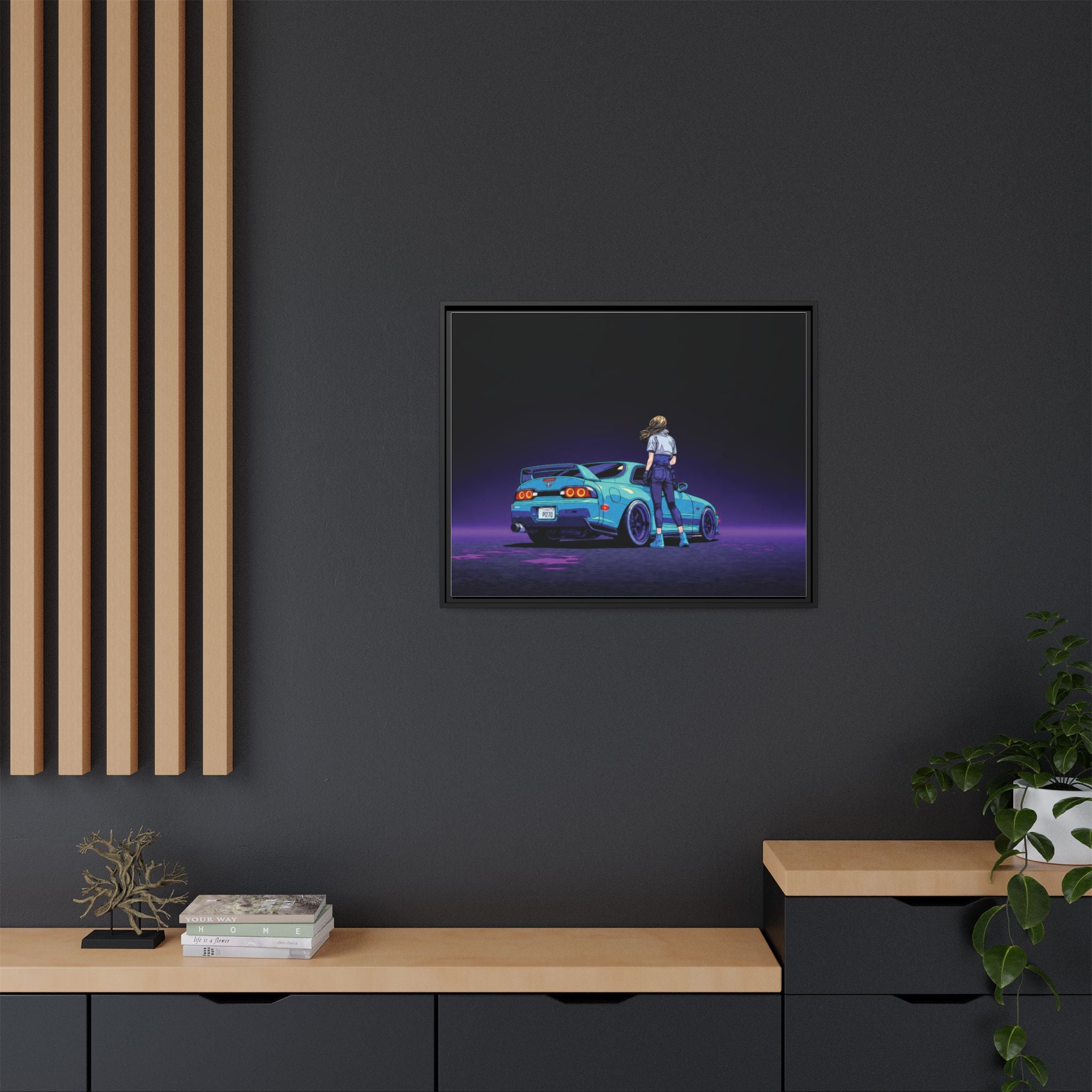 Retro Neon Race Car Poster Matte Canvas Framed | Anime Driver Wall Art