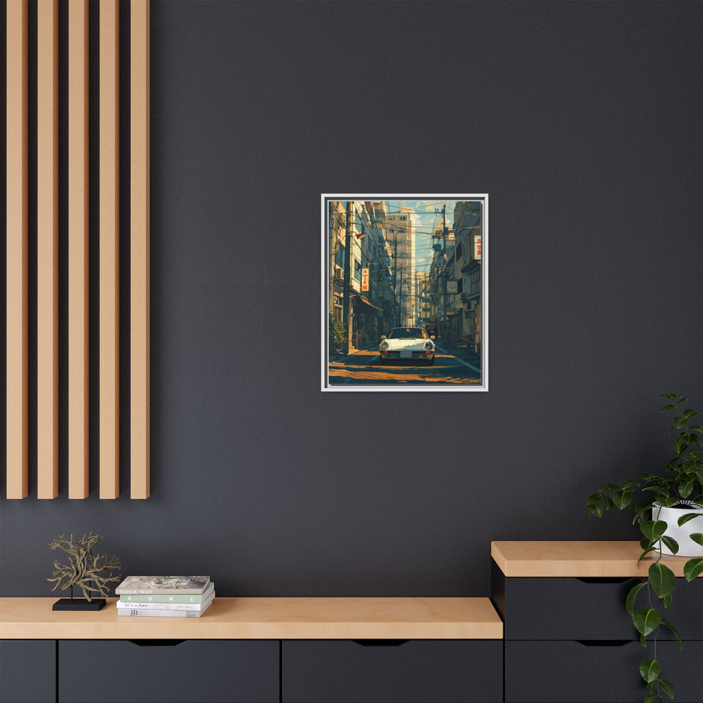 Vintage Sports Car Cityscape Framed Canvas Print