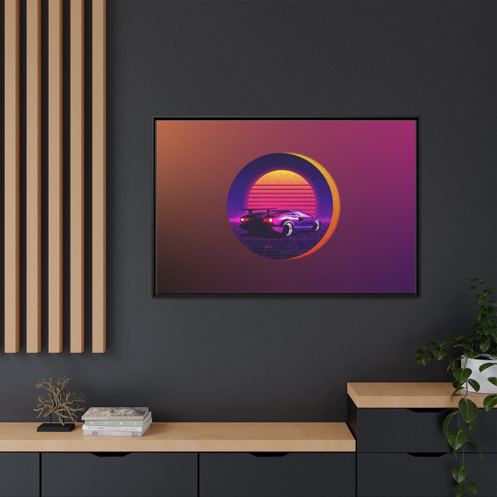 Retro Sunset Sports Car Matte Canvas Framed Wall Art