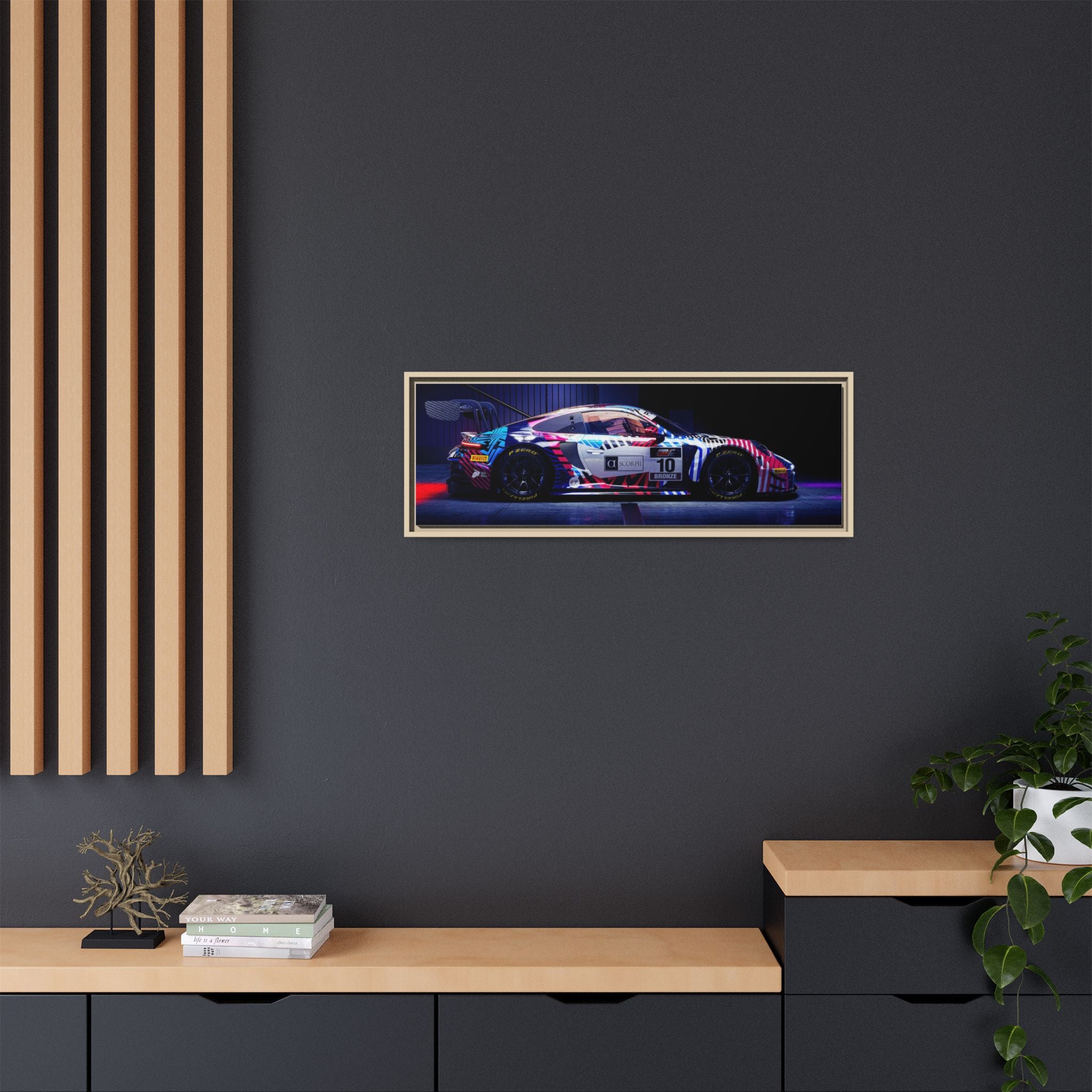 Framed Matte Canvas Print — Neon Racecar Wall Art