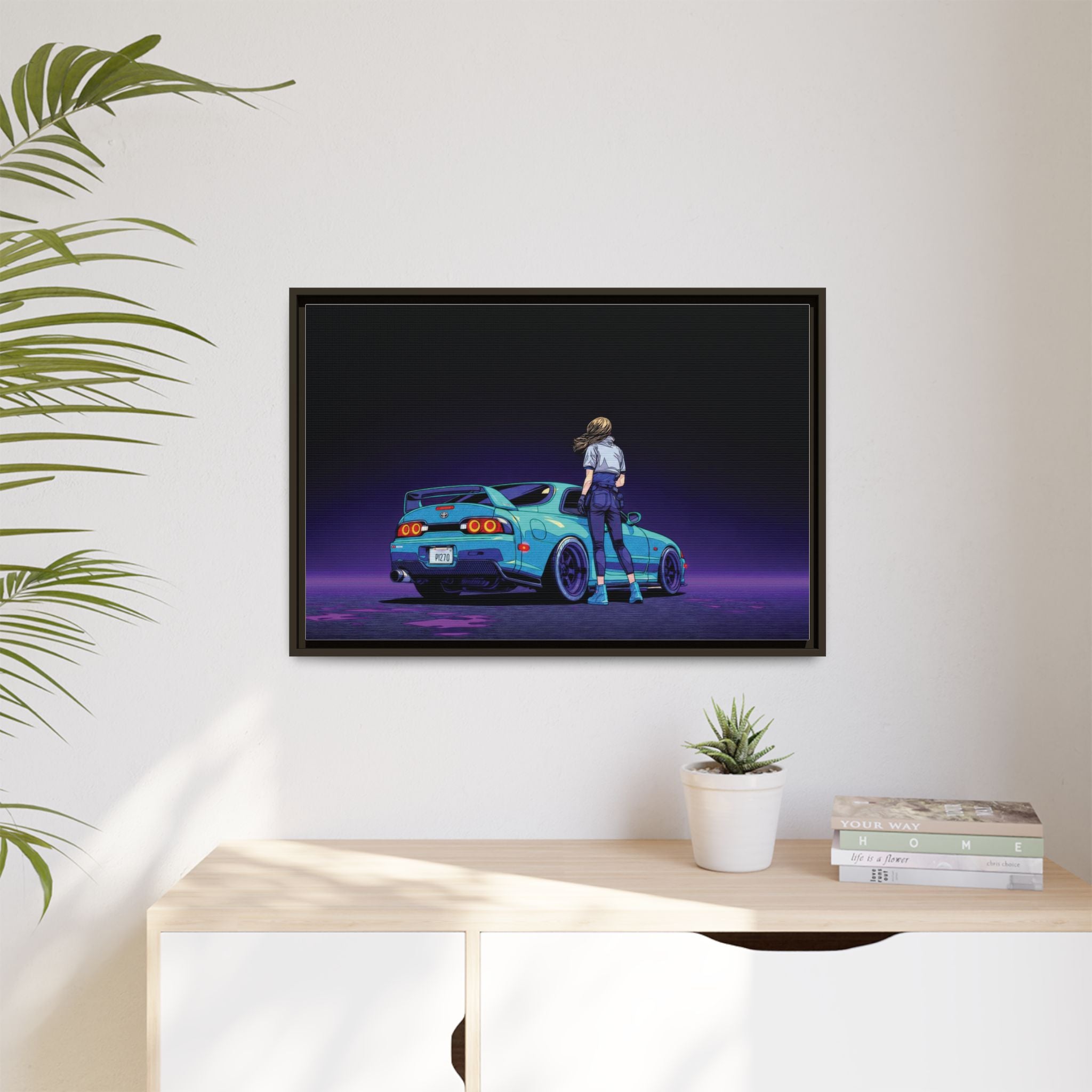 Retro Neon Race Car Poster Matte Canvas Framed | Anime Driver Wall Art
