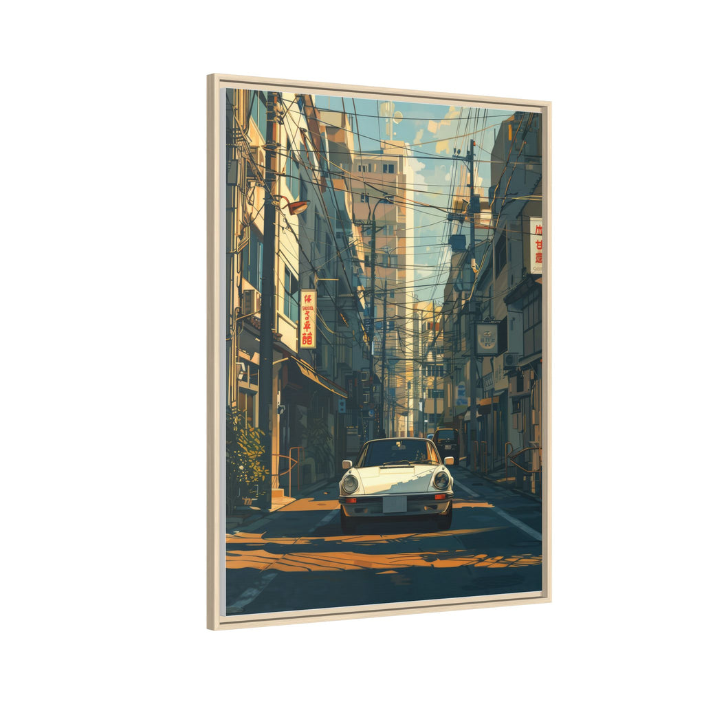 Vintage Sports Car Cityscape Framed Canvas Print