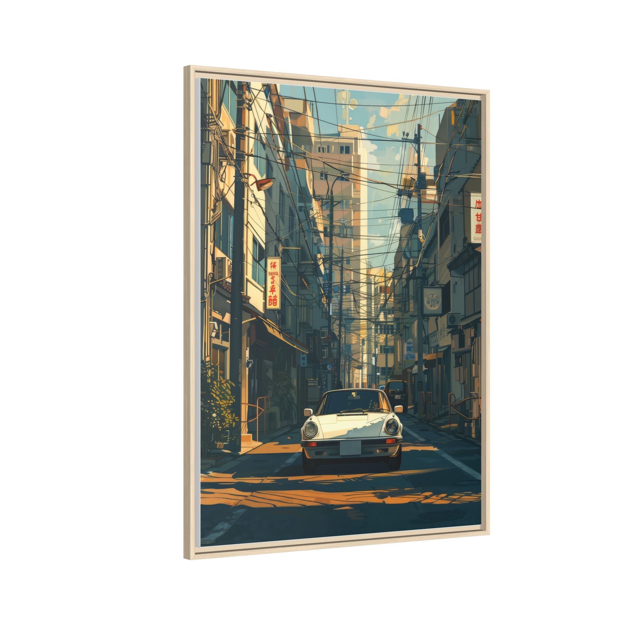 Vintage Sports Car Cityscape Framed Canvas Print