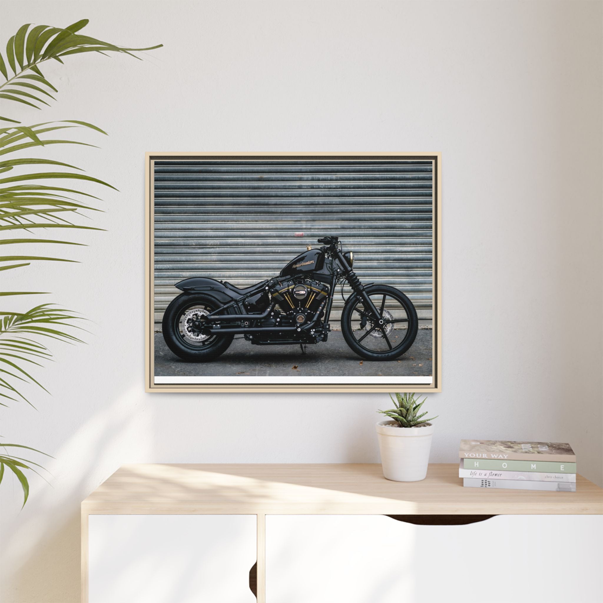 Framed Matte Canvas Motorcycle Print — Black Bobber Wall Art