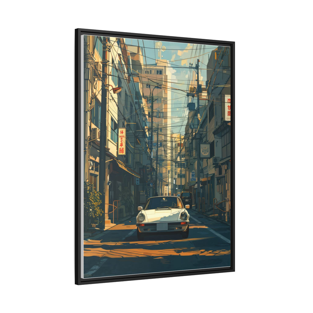 Vintage Sports Car Cityscape Framed Canvas Print