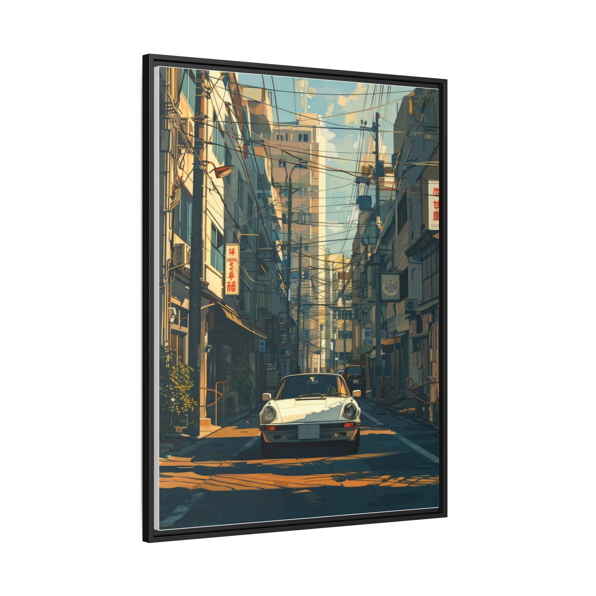 Vintage Sports Car Cityscape Framed Canvas Print