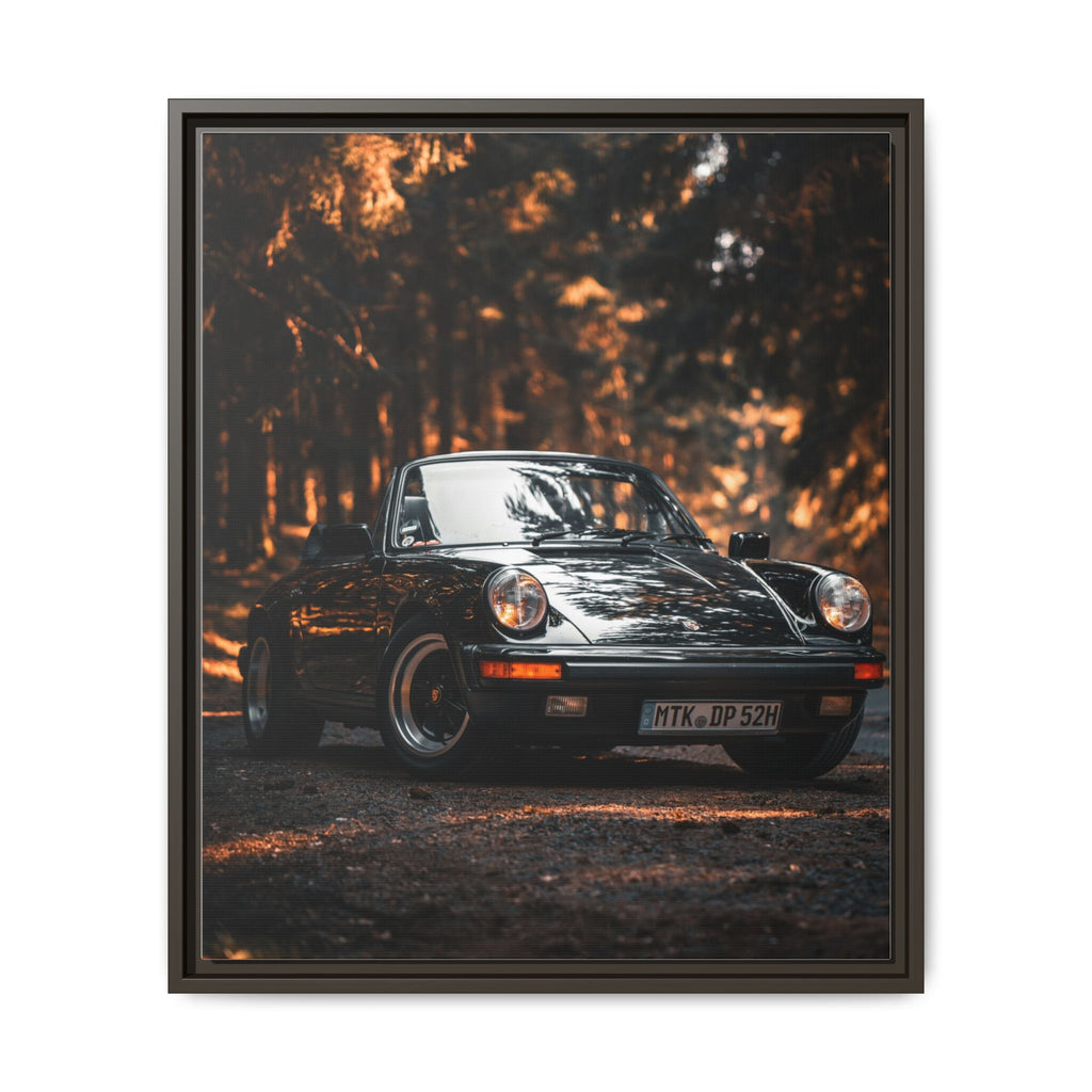 Framed Matte Canvas Print — Vintage Black Porsche in Autumn Forest