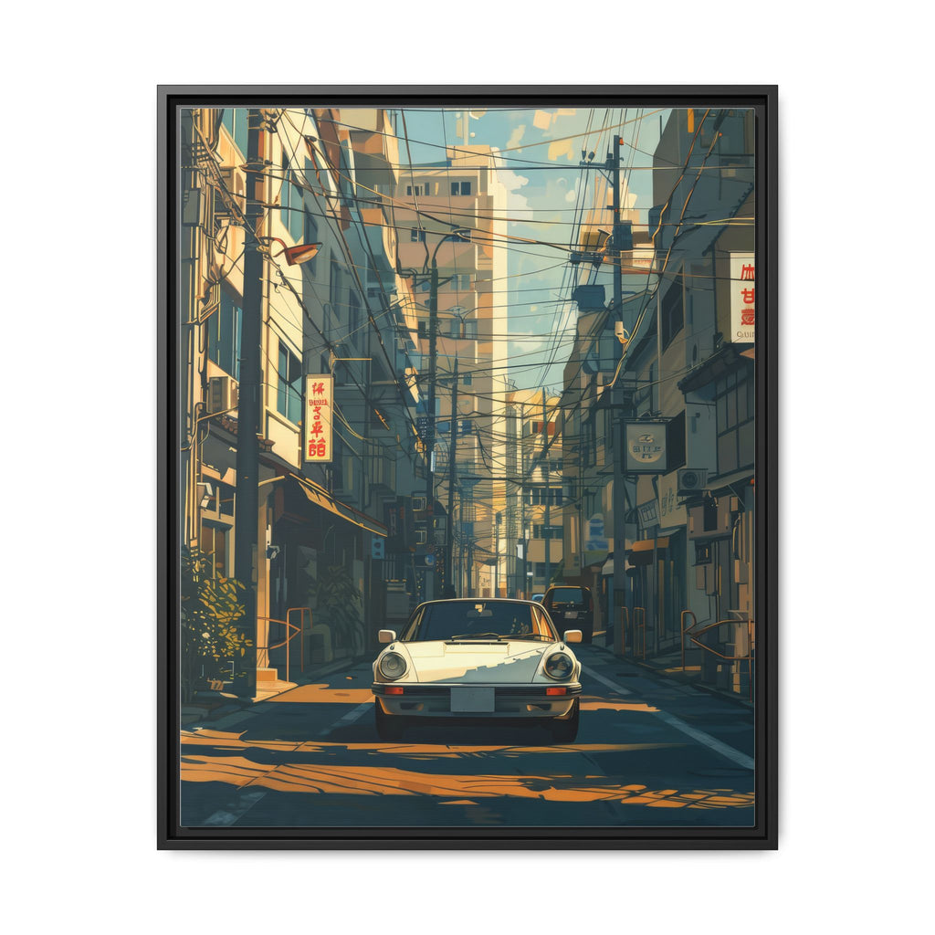 Vintage Sports Car Cityscape Framed Canvas Print