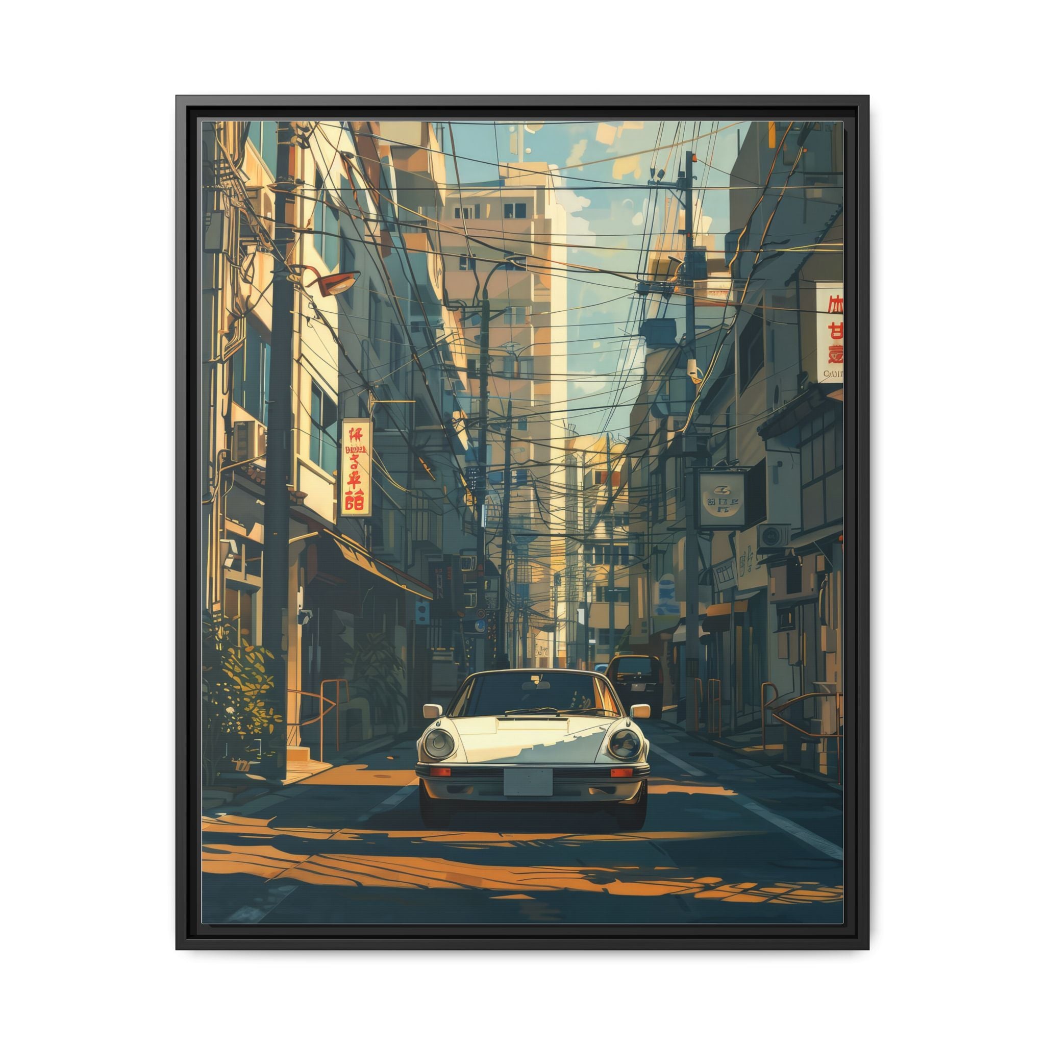 Vintage Sports Car Cityscape Framed Canvas Print