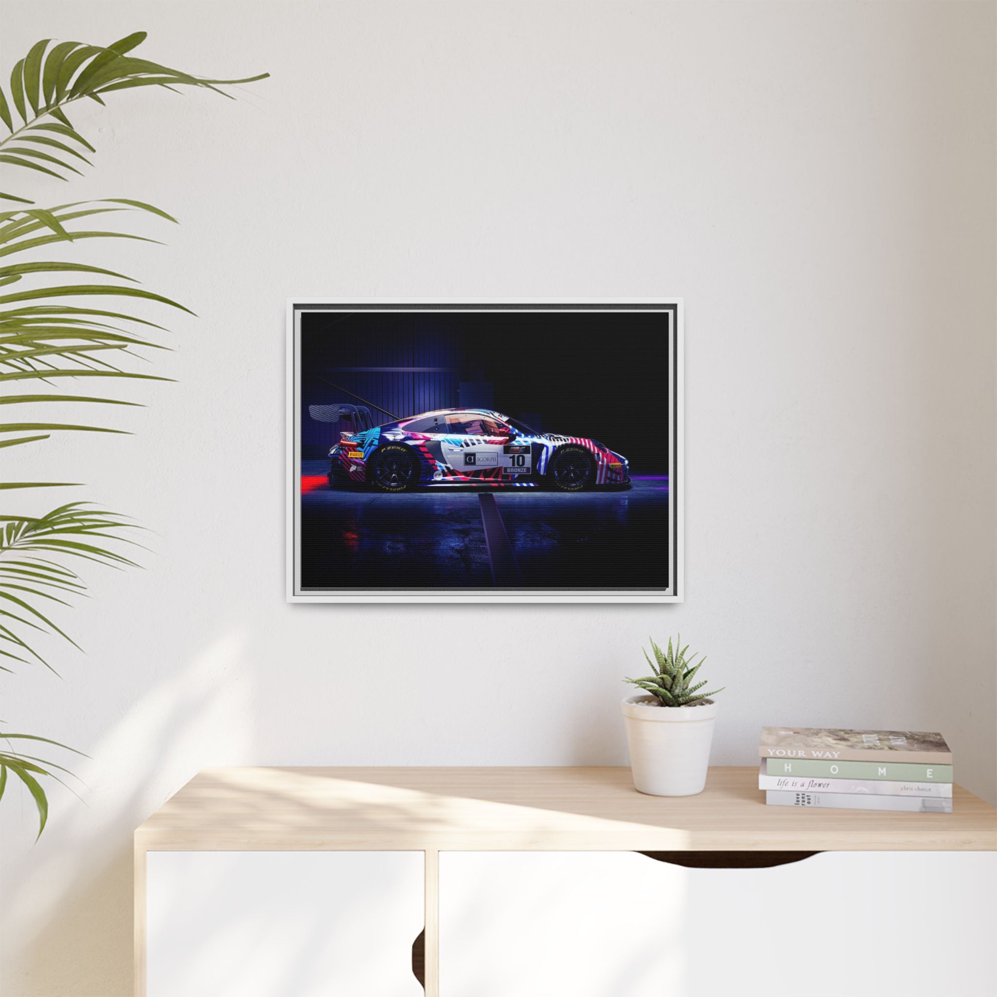 Framed Matte Canvas Print — Neon Racecar Wall Art