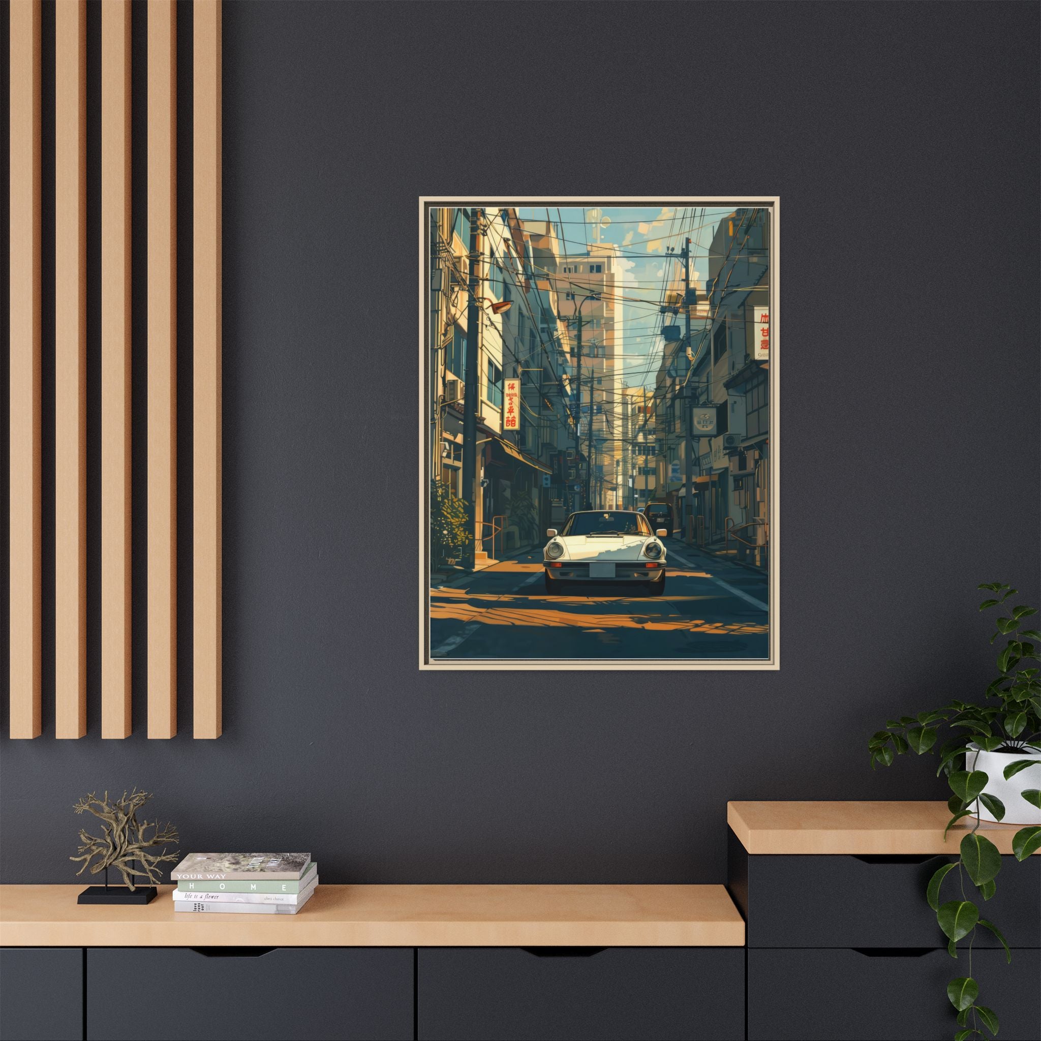 Vintage Sports Car Cityscape Framed Canvas Print
