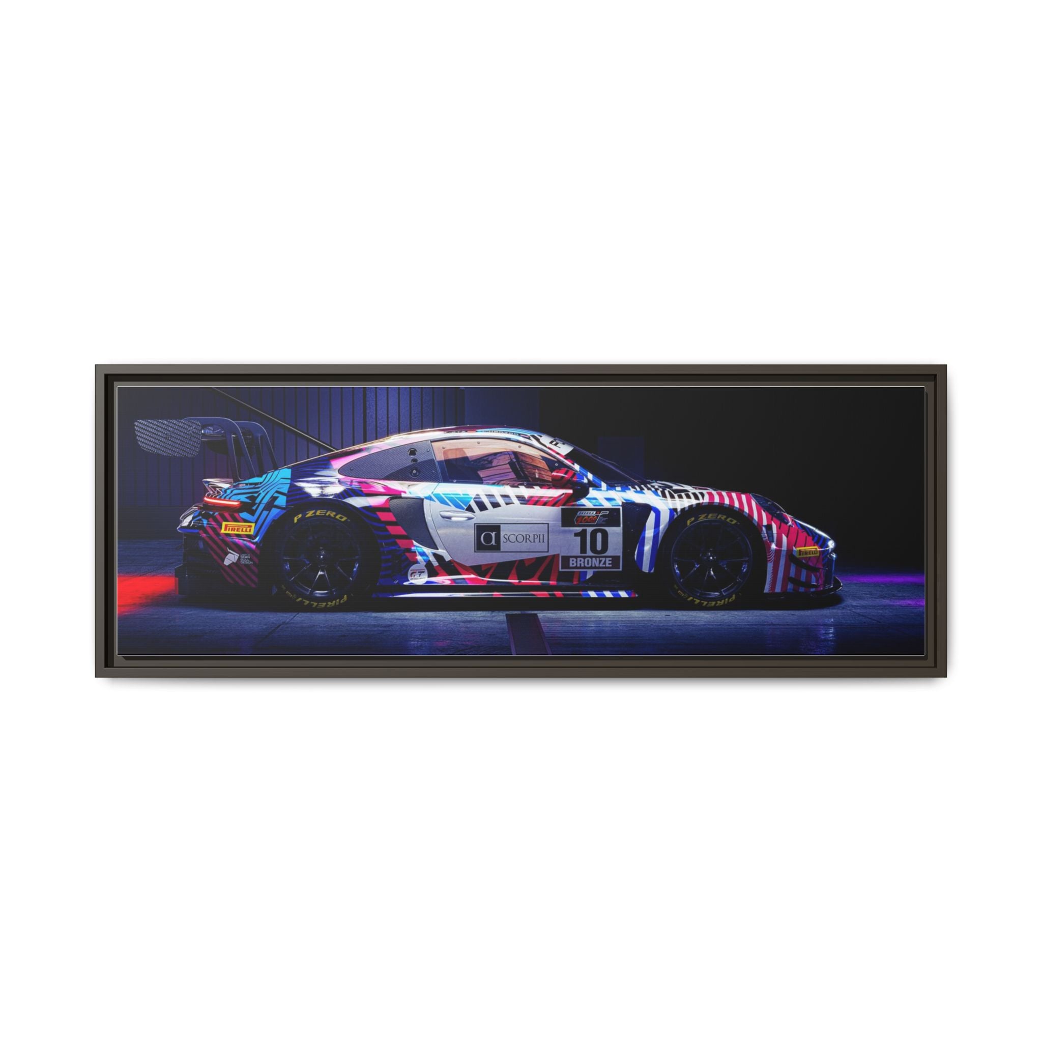 Framed Matte Canvas Print — Neon Racecar Wall Art