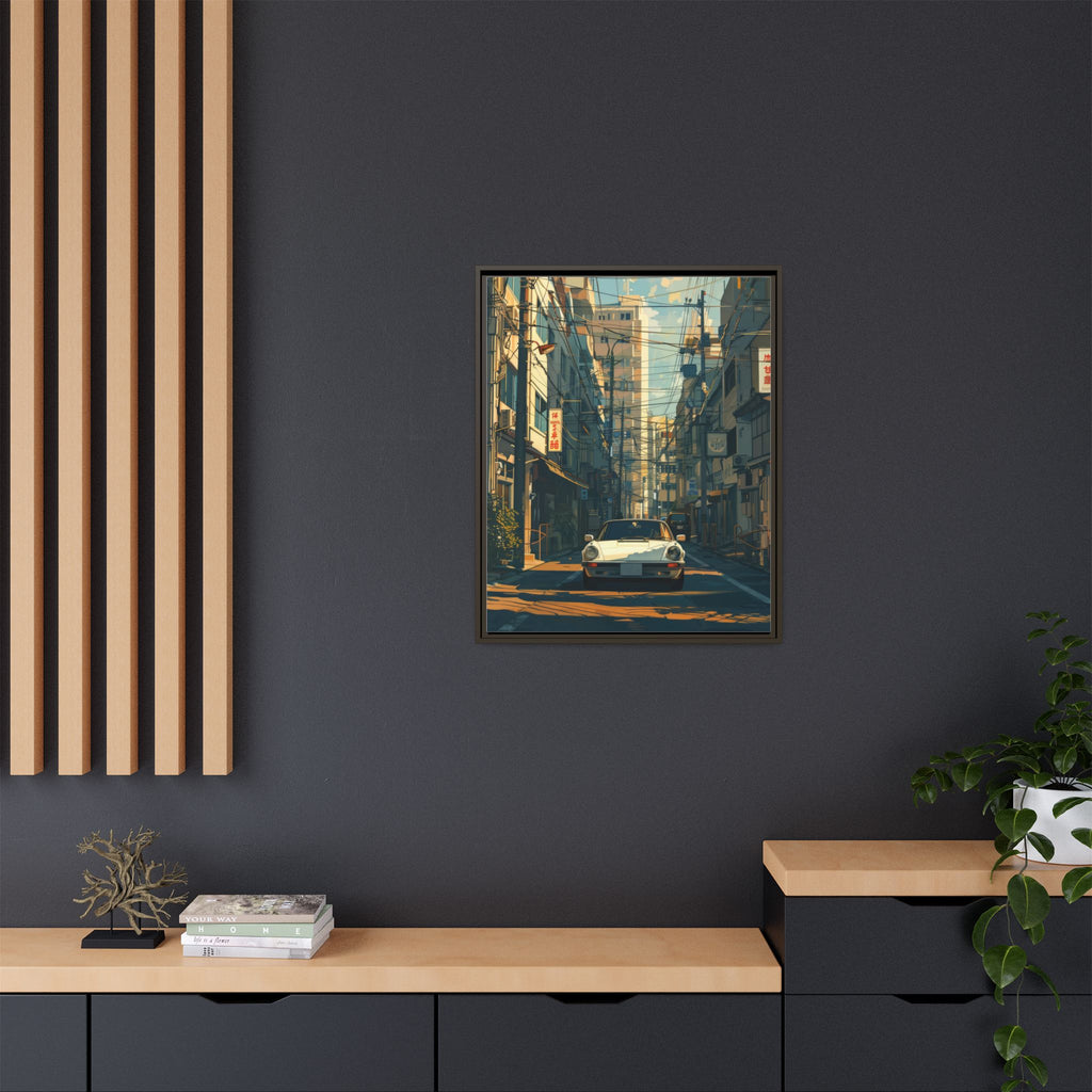 Vintage Sports Car Cityscape Framed Canvas Print