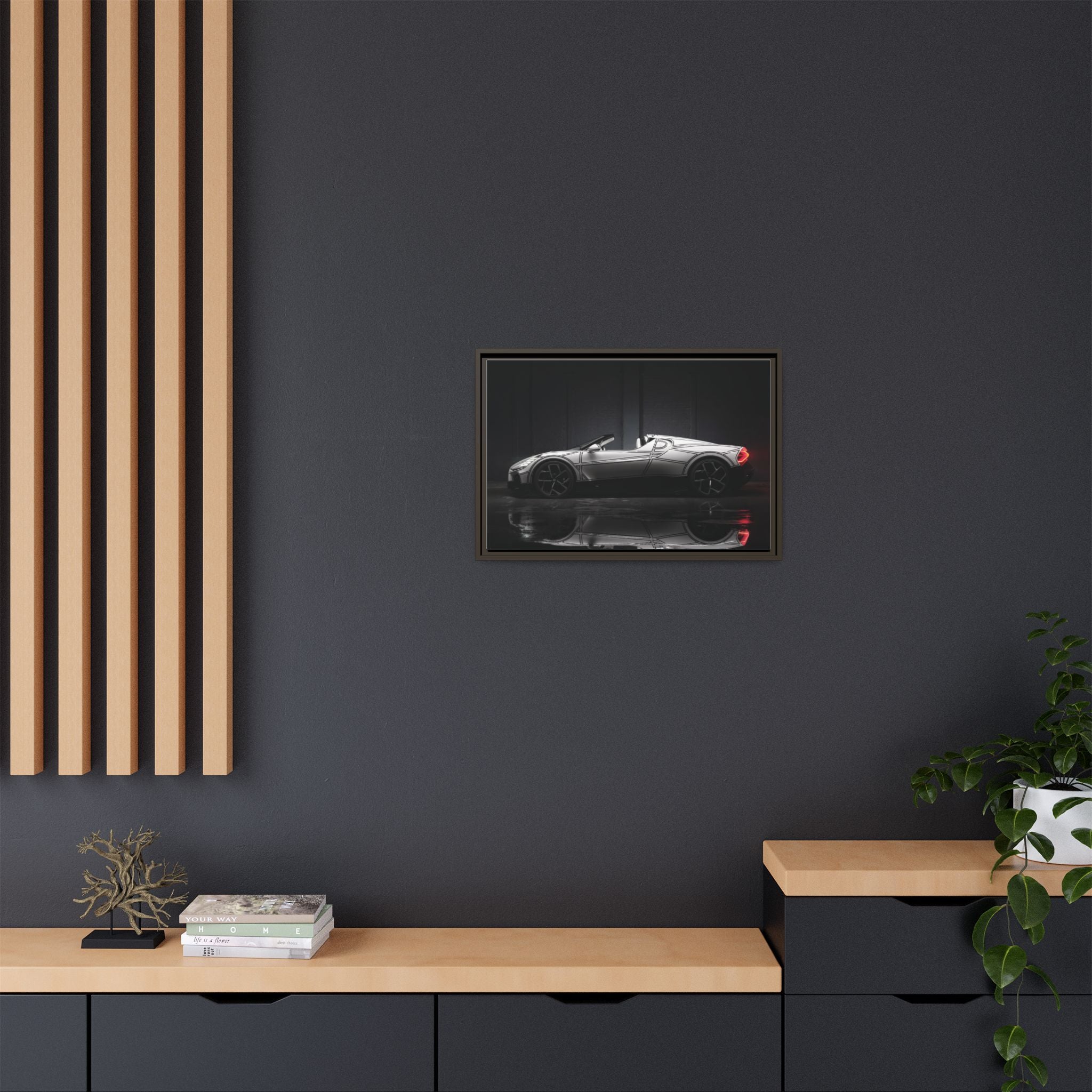 Framed Matte Canvas: Sleek Sports Car Reflection Wall Art