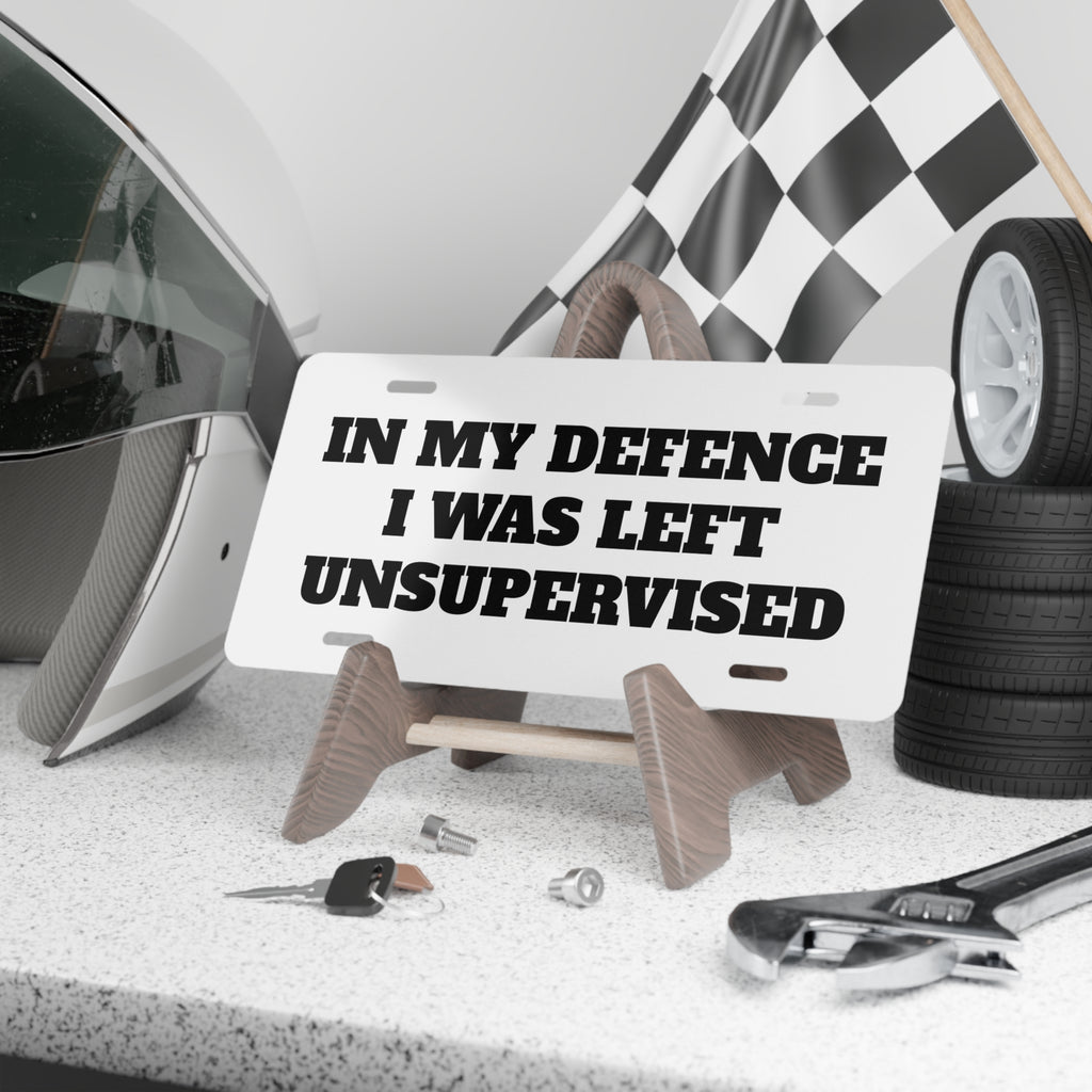 Funny Metal Vanity Plate — "IN MY DEFENCE I WAS LEFT UNSUPERVISED" License Plate