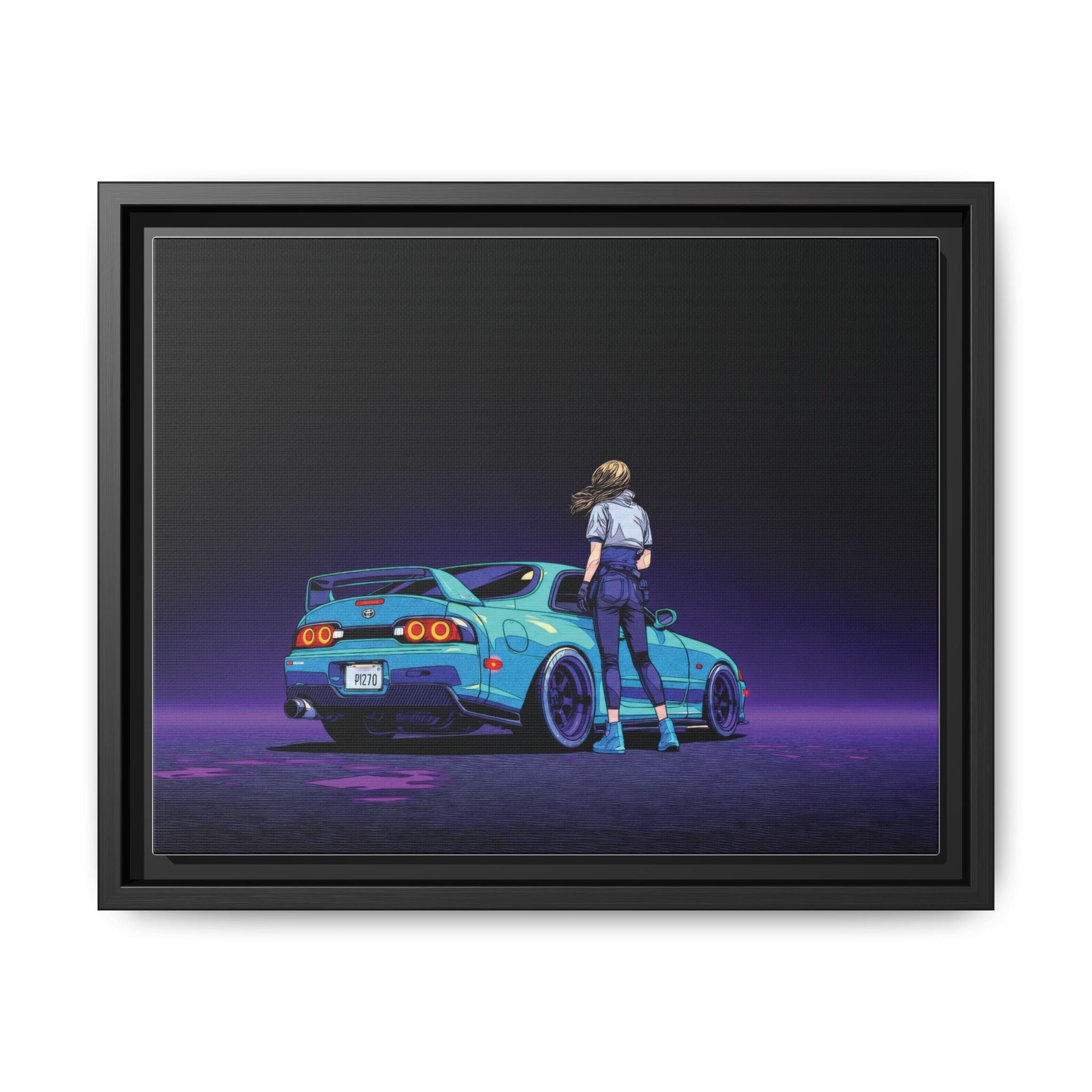 Retro Neon Race Car Poster Matte Canvas Framed | Anime Driver Wall Art