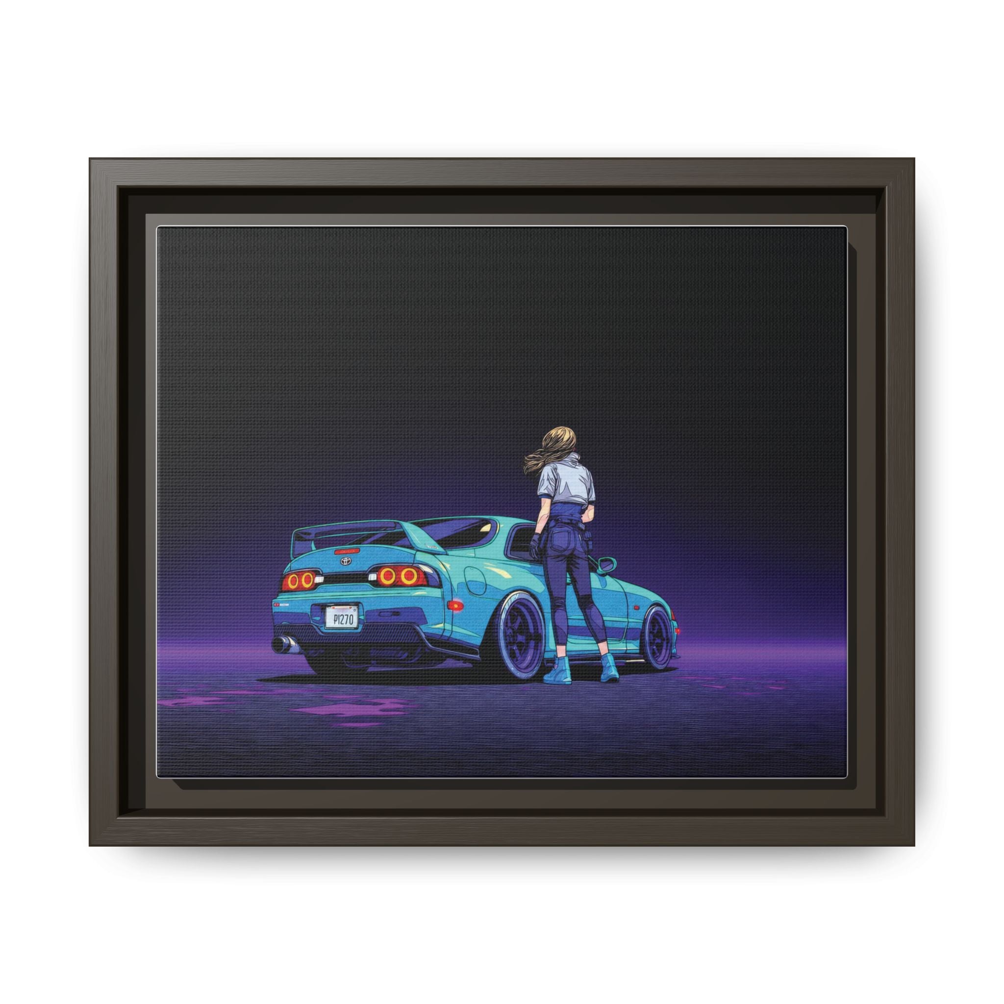 Retro Neon Race Car Poster Matte Canvas Framed | Anime Driver Wall Art