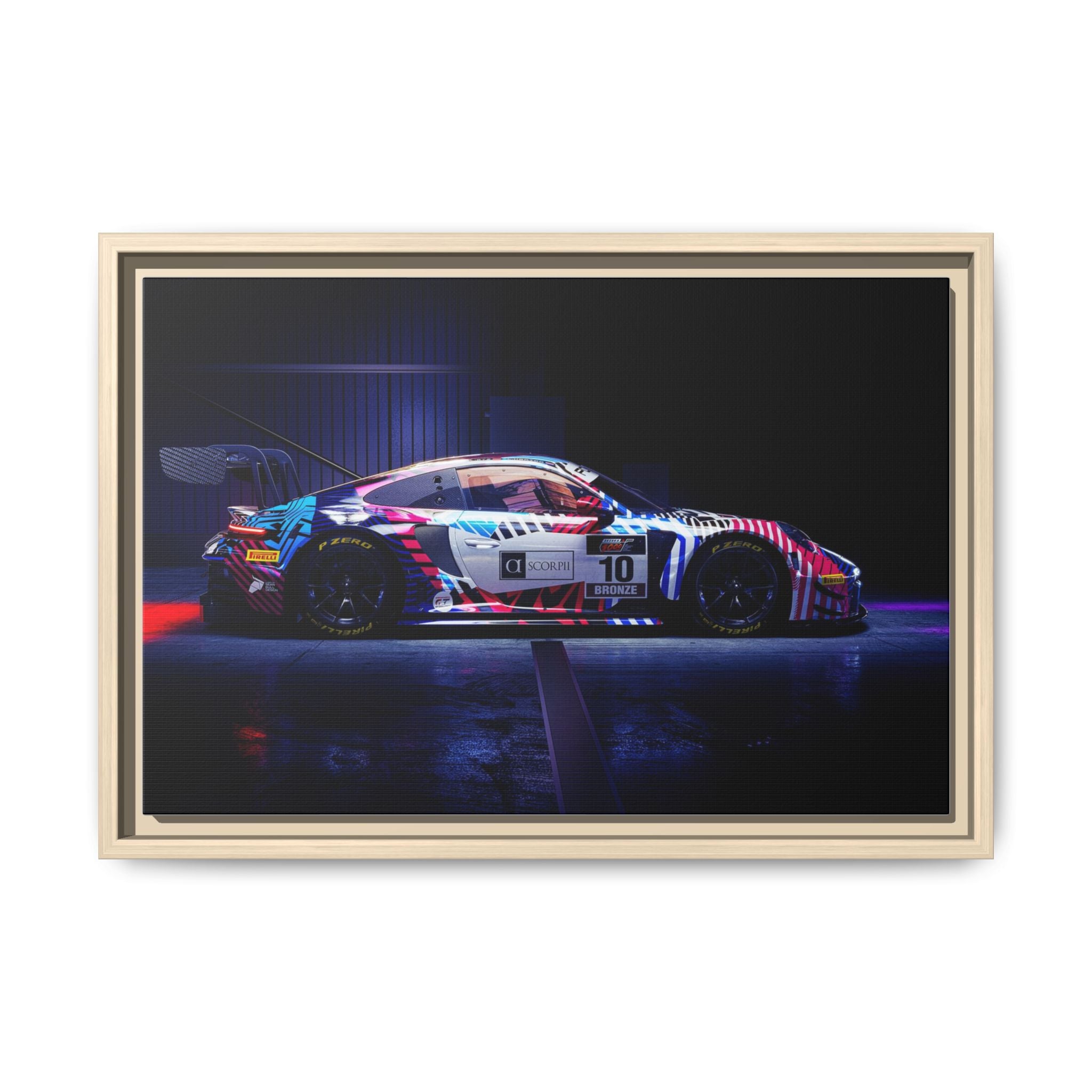 Framed Matte Canvas Print — Neon Racecar Wall Art