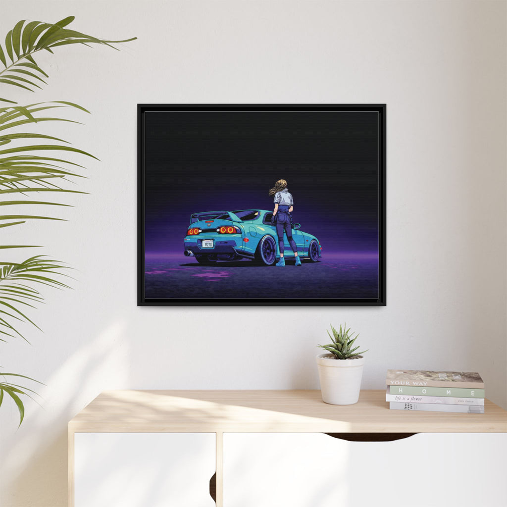 Retro Neon Race Car Poster Matte Canvas Framed | Anime Driver Wall Art