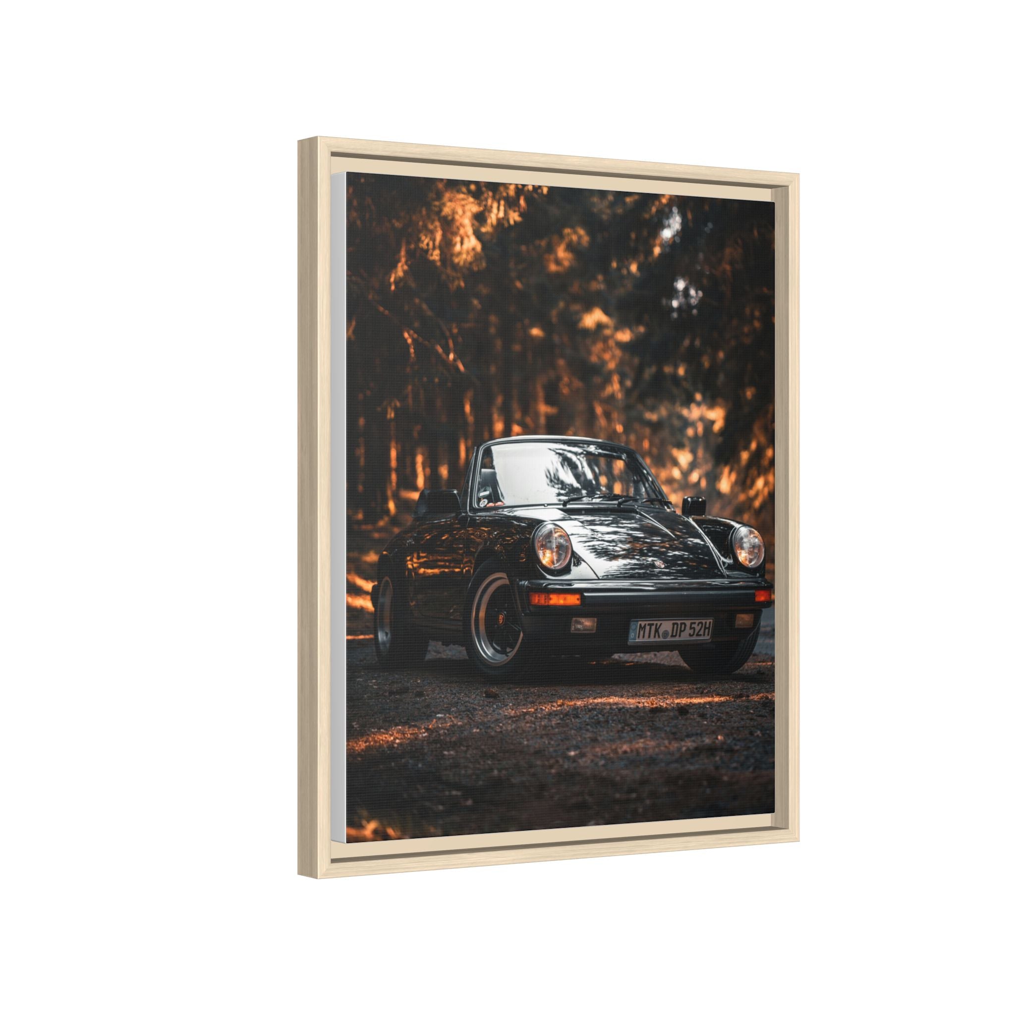 Framed Matte Canvas Print — Vintage Black Porsche in Autumn Forest