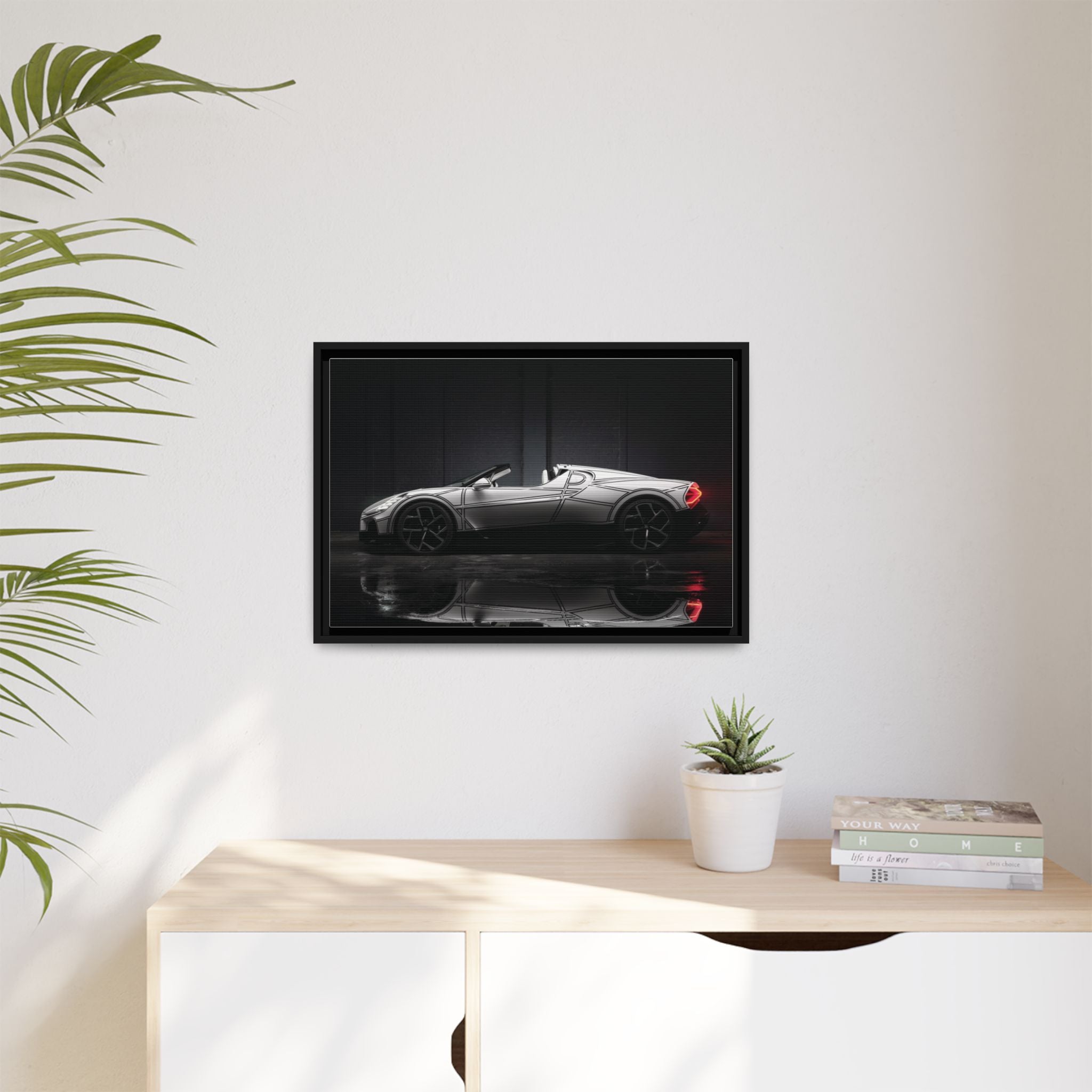 Framed Matte Canvas: Sleek Sports Car Reflection Wall Art