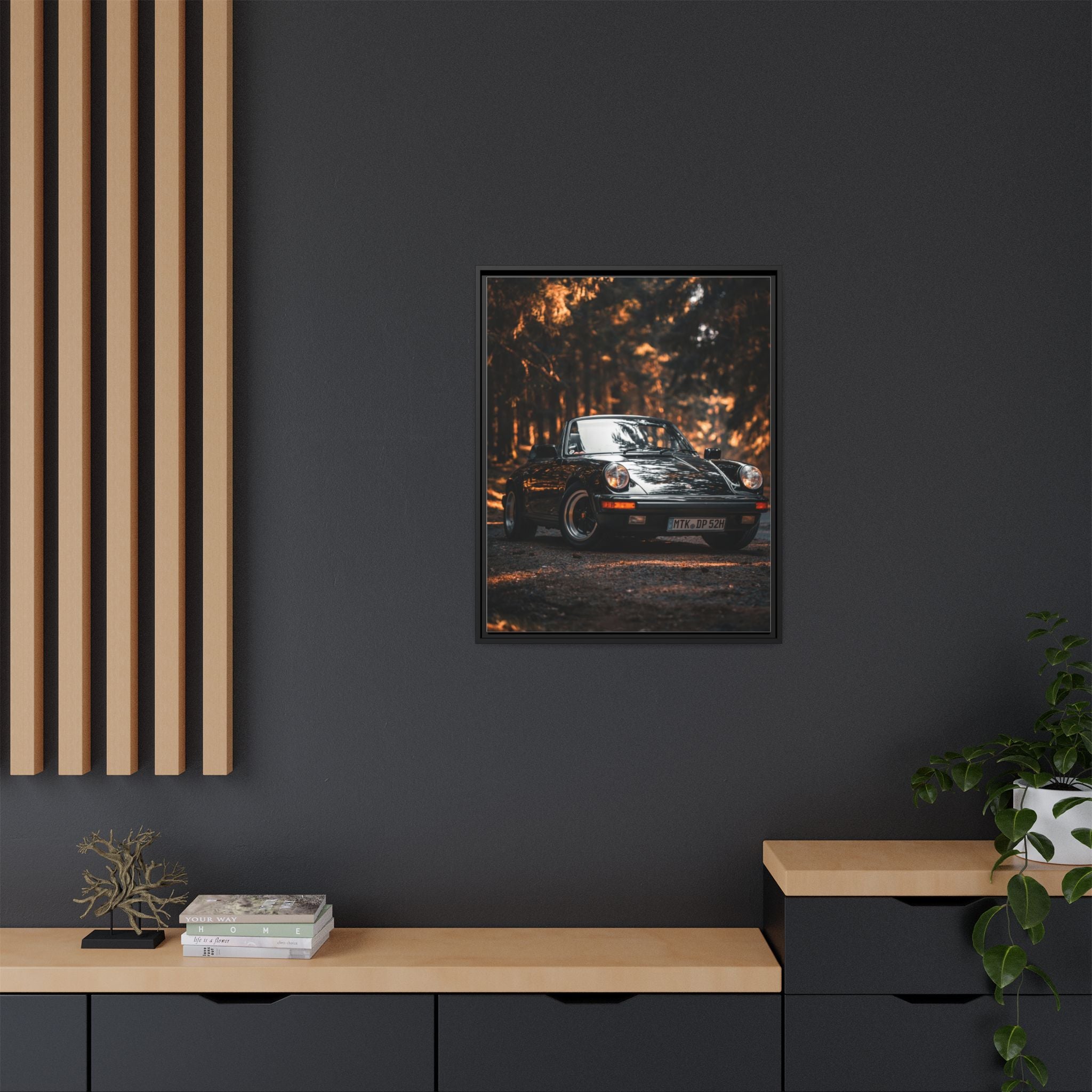 Framed Matte Canvas Print — Vintage Black Porsche in Autumn Forest