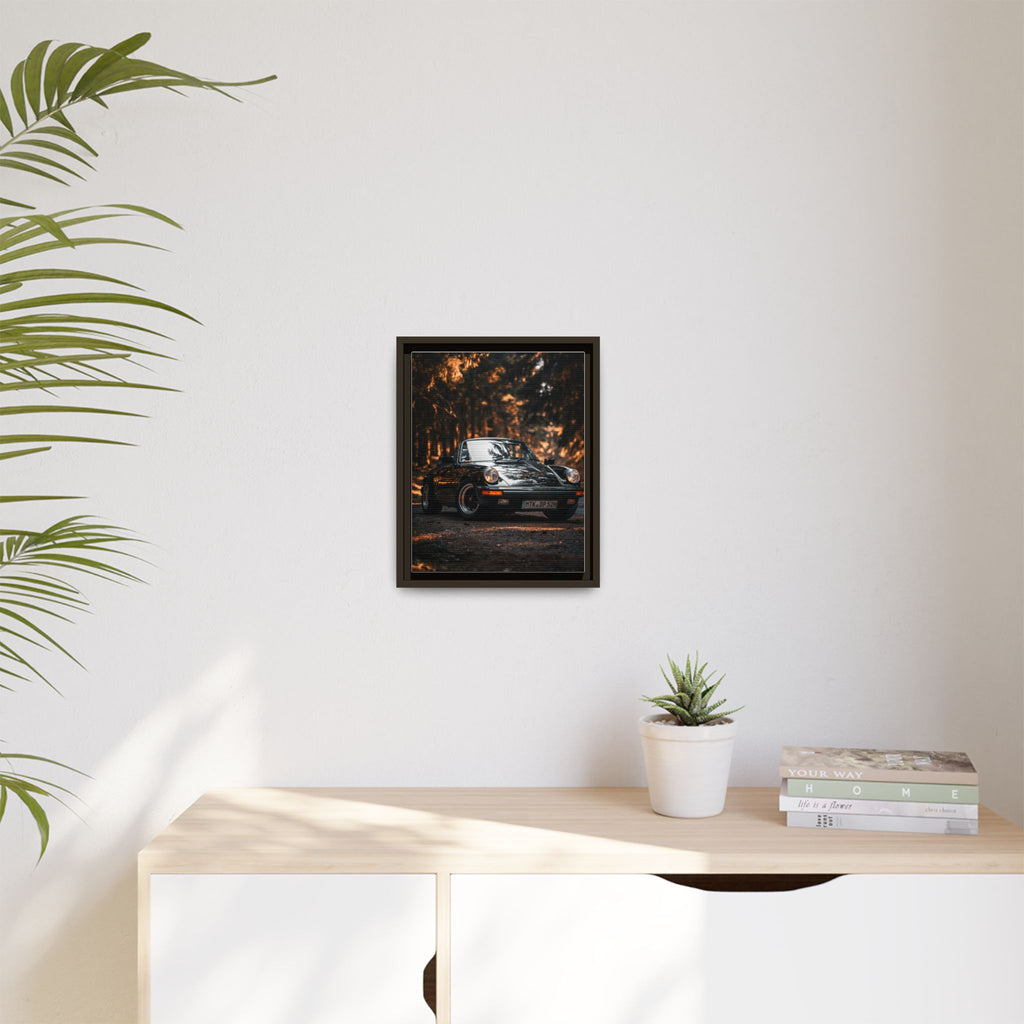 Framed Matte Canvas Print — Vintage Black Porsche in Autumn Forest