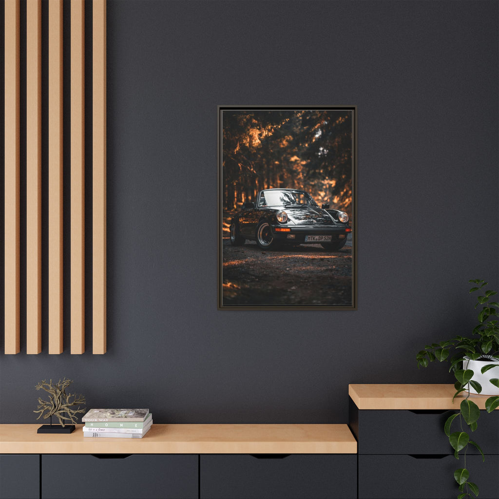 Framed Matte Canvas Print — Vintage Black Porsche in Autumn Forest