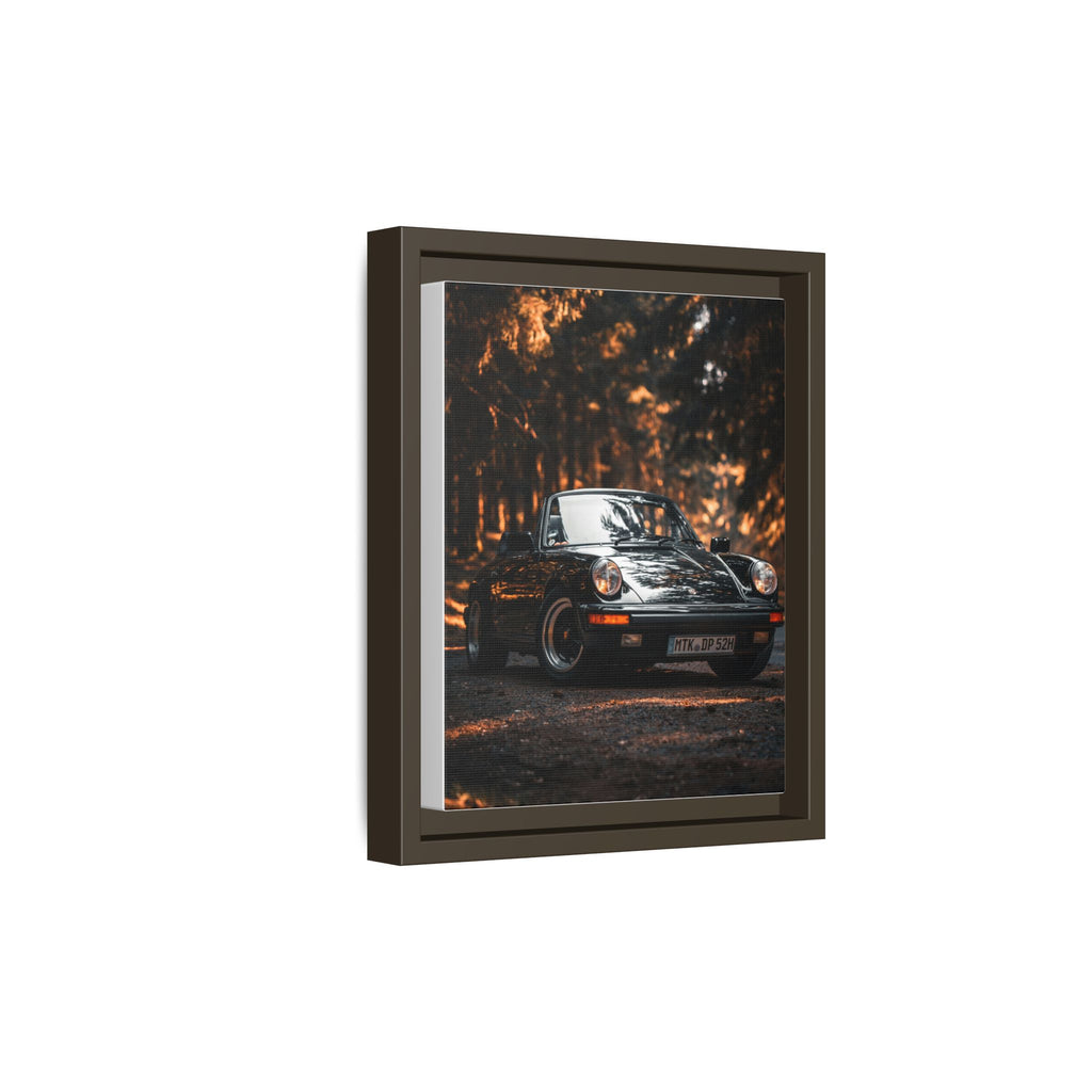 Framed Matte Canvas Print — Vintage Black Porsche in Autumn Forest